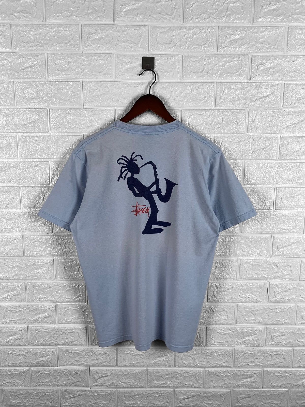 Pre-owned Stussy X Vintage Stussy Trumpet Jazz Man Big Logo Vintage T Shirt In Blue