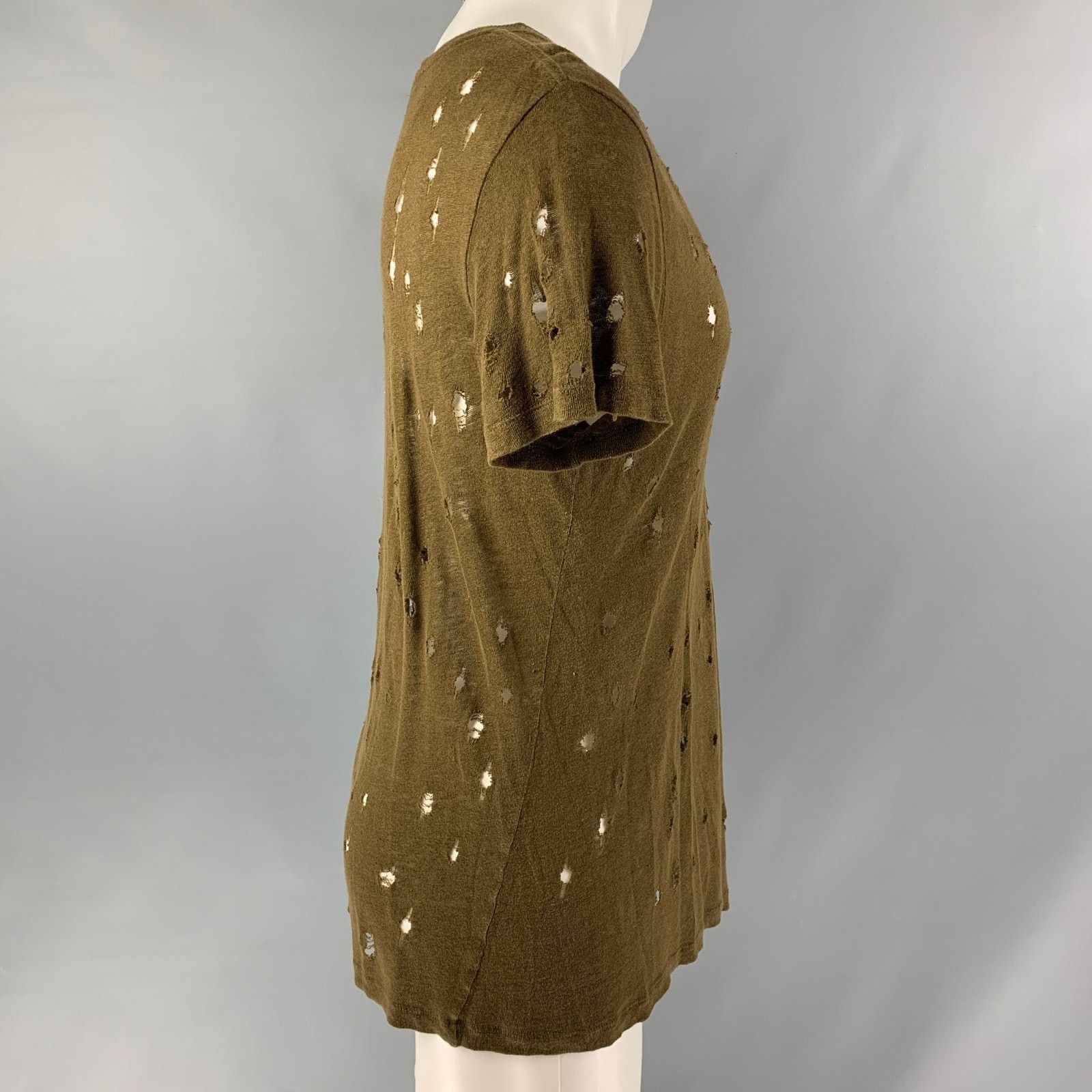Iro IRO Size S Olive Distressed Linen Crew-Neck T-shirt Size US S / EU 44-46 / 1 - 2 Thumbnail