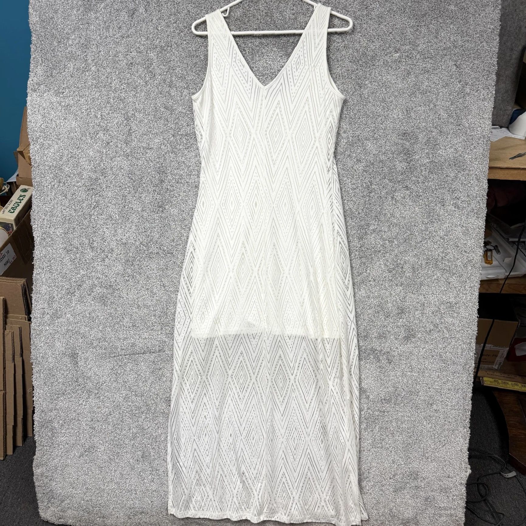 Vintage Metaphor Maxi Dress White Geometric Jacquard Sleeveless V-Neck M Medium Women's Casual Party/Beach Size M / US 6-8 / IT 42-44 - 7 Thumbnail