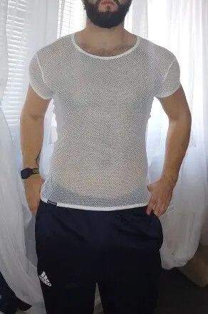 image of Mens Mesh Top See Through Fishnet Vest Shirt in White (Size Large)
