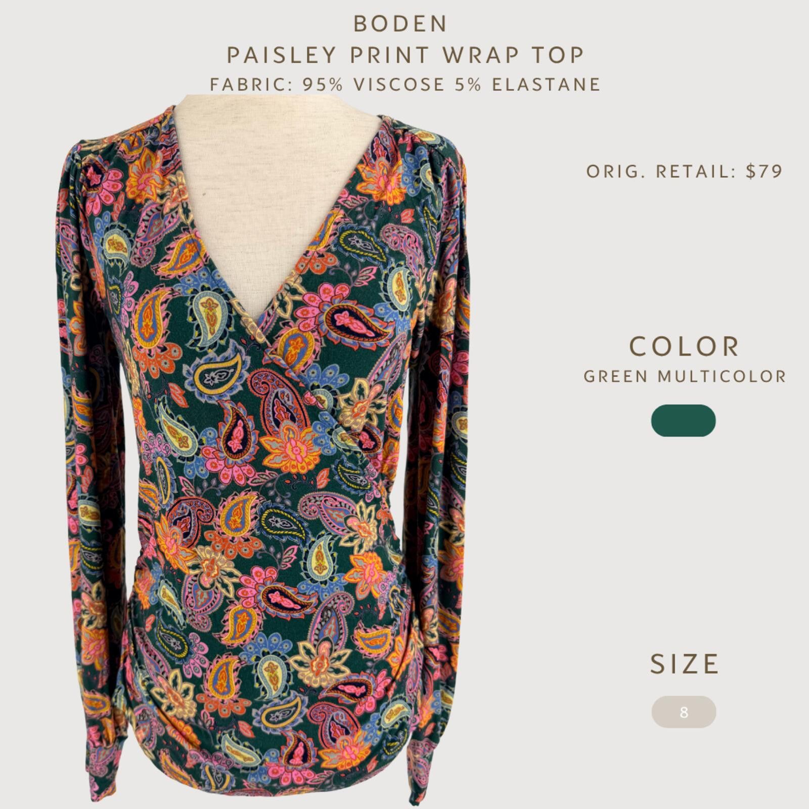Boden Boden Paisley Wrap Ruched Long Sleeve Top 8 Size M / US 6-8 / IT 42-44 - 2 Thumbnail