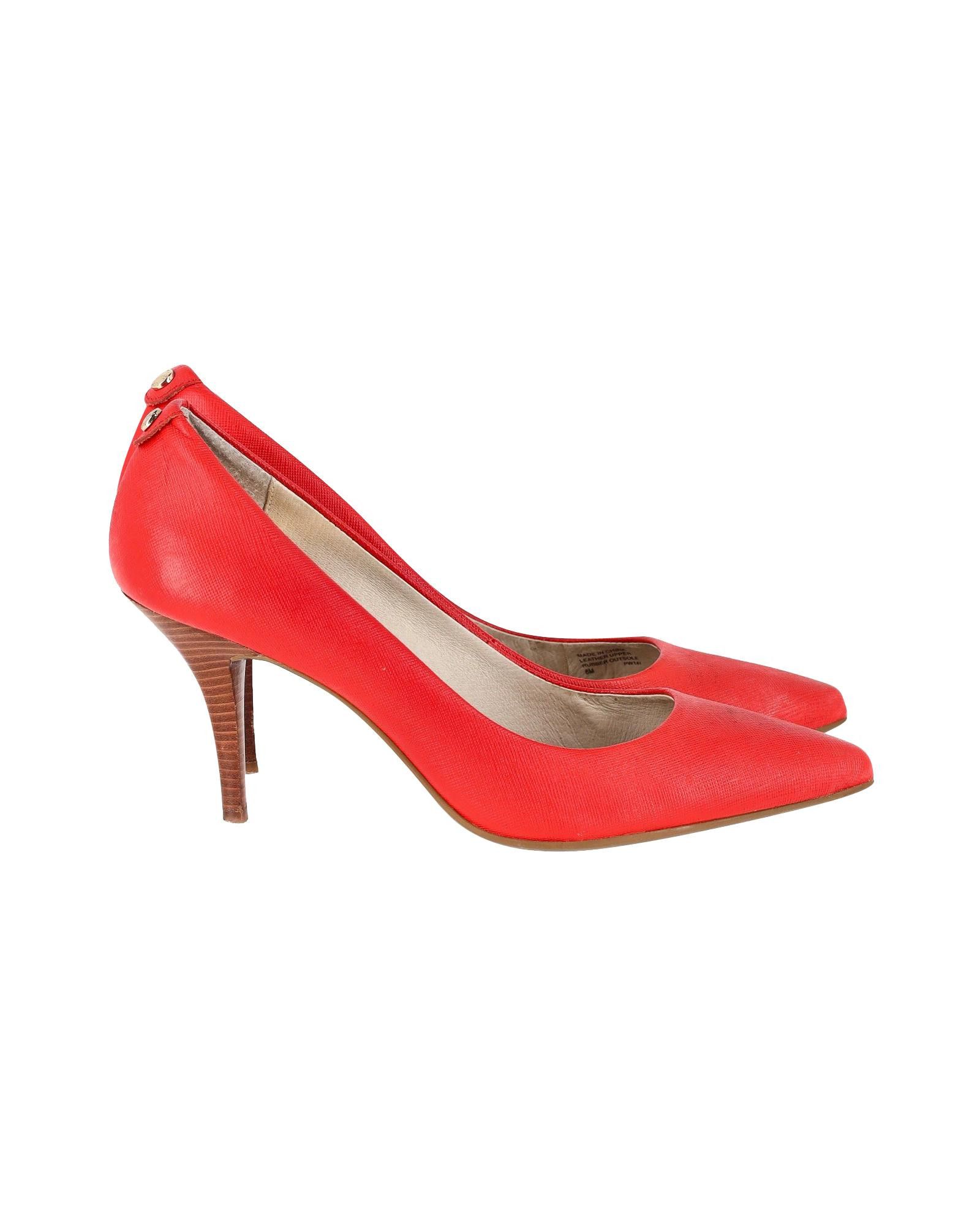 image of Michael Kors Red Leather Handcrafted Point-Toe Pumps With Wooden Heel Shoes, Women's (Size 8)