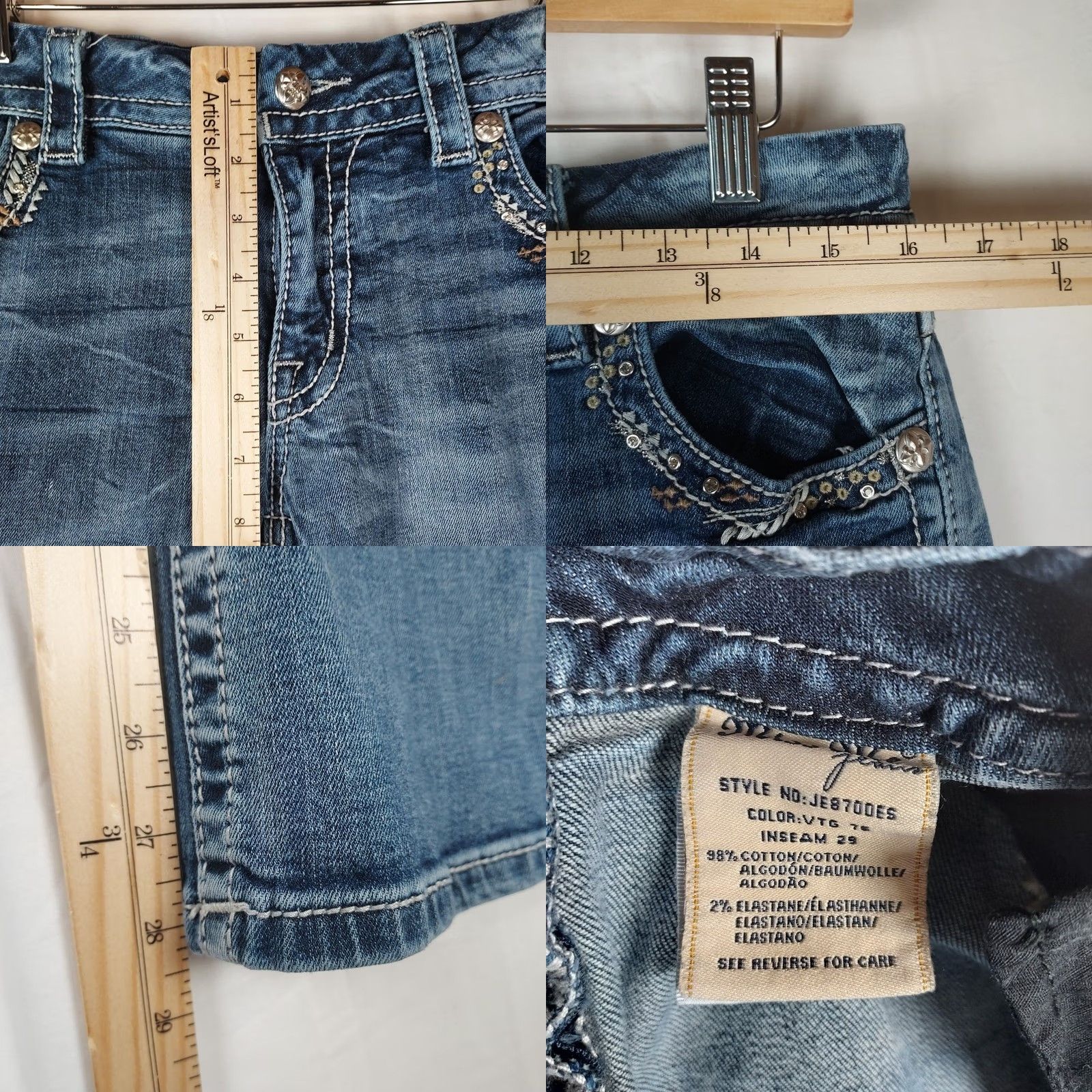 Miss Me Miss Me Easy Boot Mid Rise Bootcut Jeans 29 Women's Denim Blue Stretch Bling 5-Pocket Zip Slim Stability Size 29" - 8 Thumbnail