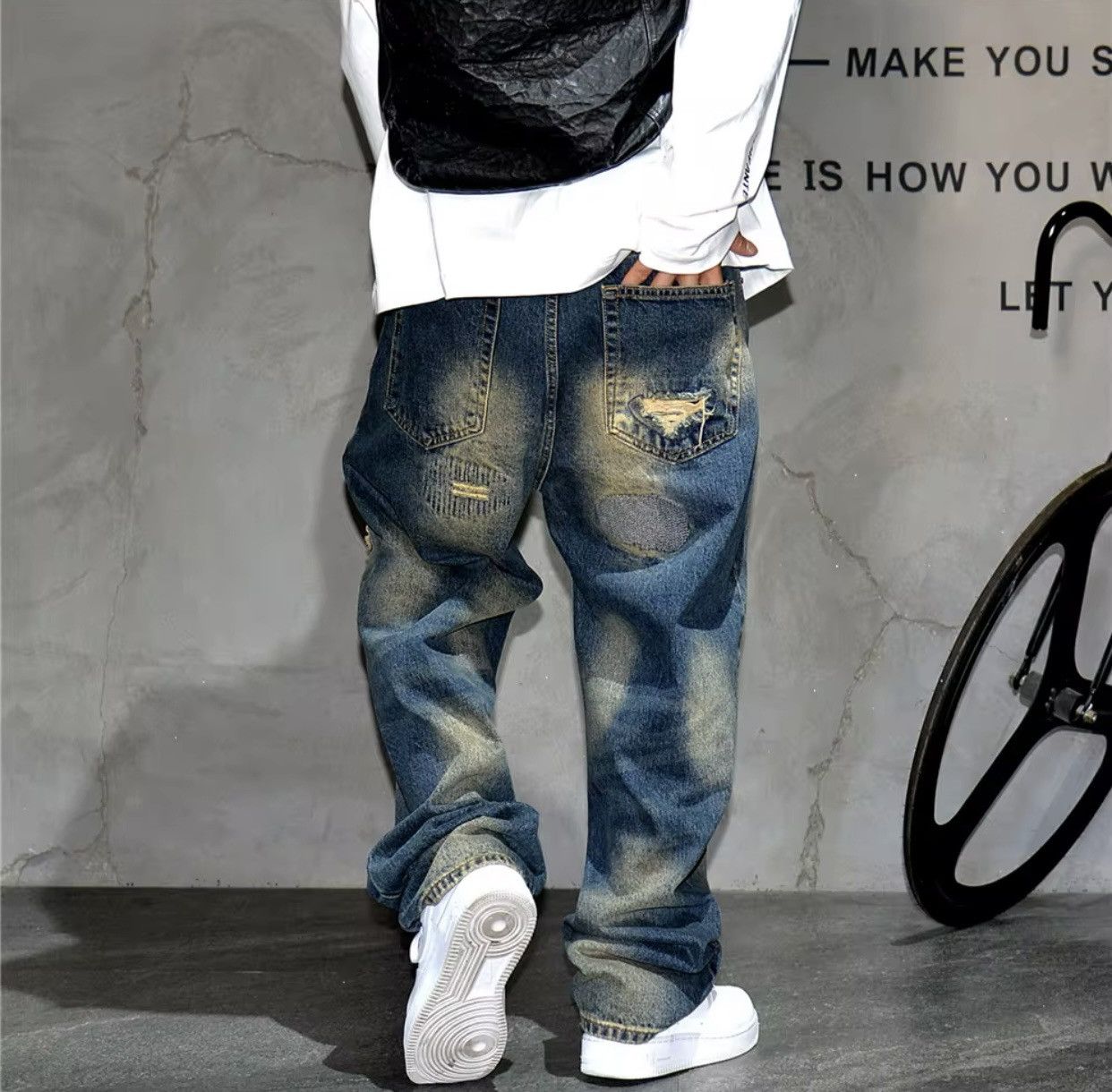 Denime × Jean Streetwear Ripped Patch Jeans Hip Hop Baggy Jeans Size US 30 / EU 46 - 6 Thumbnail