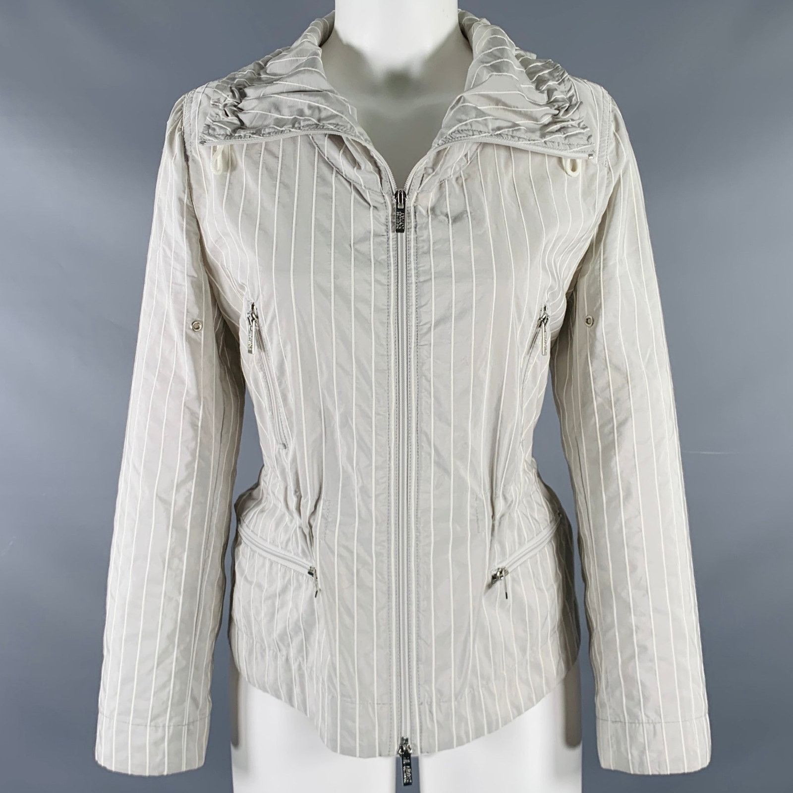 Armani Collezioni Size 6 Grey White Polyester Blend Stripe Jacket Size M / US 6-8 / IT 42-44 - 1 Thumbnail