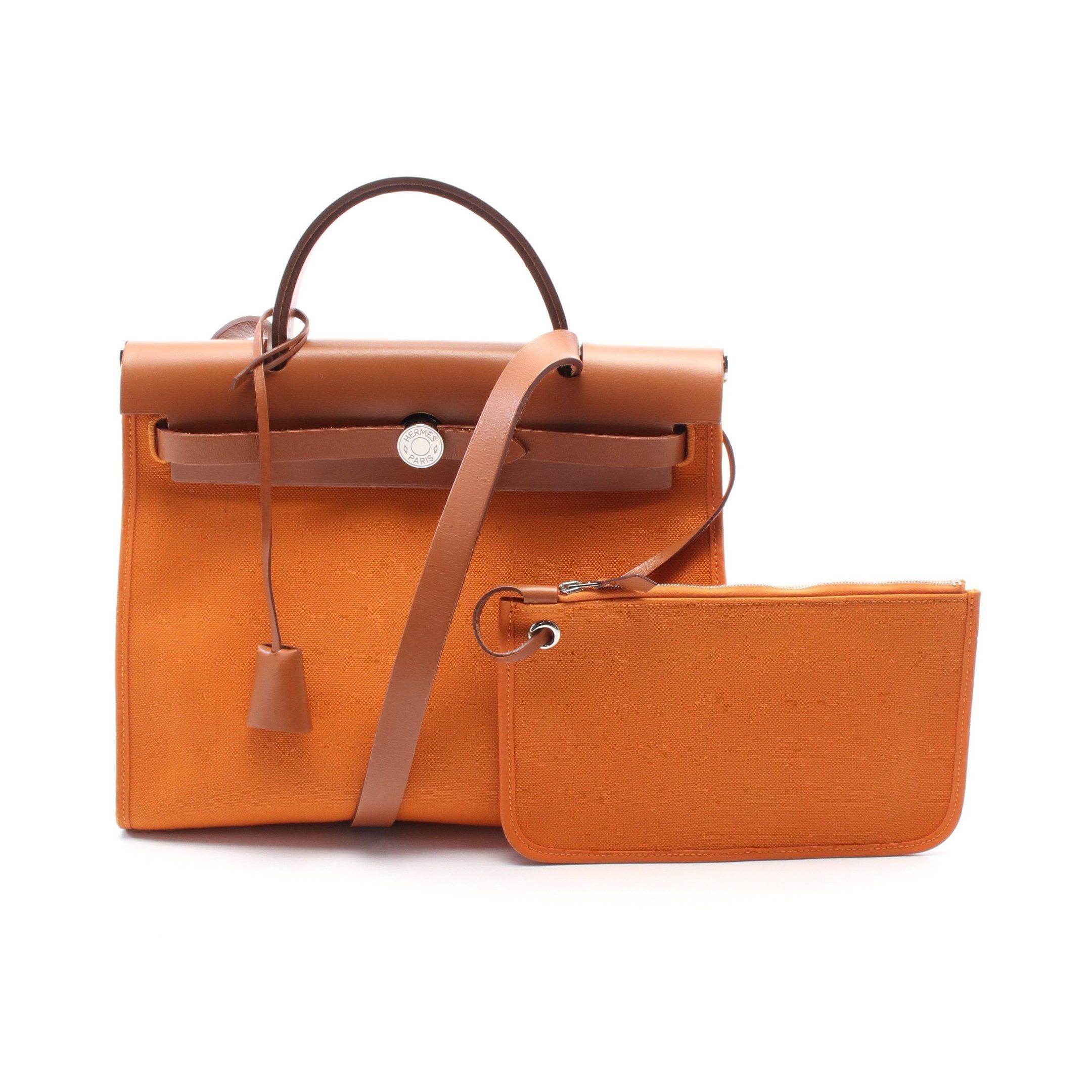 Hermes Hermes Herbag Zip Pm Handbag Toile Ash Leather Orange Brown Silver Hardware C Engraved Size ONE SIZE - 1 Thumbnail