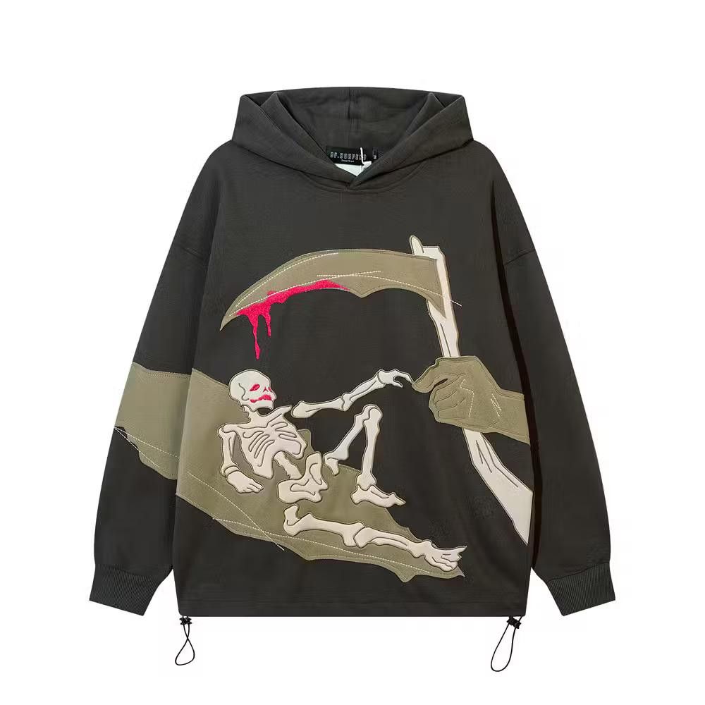 image of Skeleton Graphic Khaki Hoodie in Grey, Men's (Size Large)