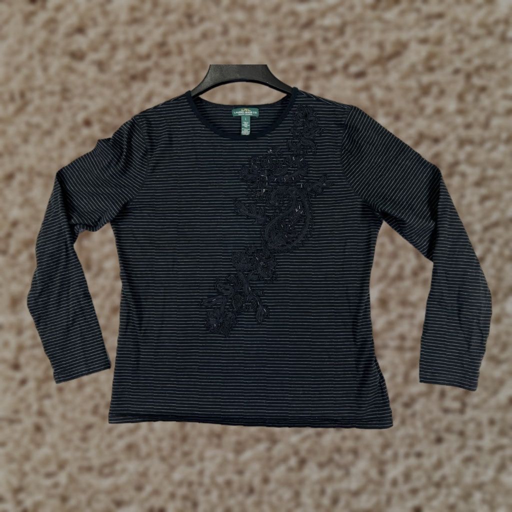 Ralph Lauren VINTAGE Lauren Ralph Lauren Shirt Womens Large Black Stripe Embroidered Paisley Cotton Size L / US 10 / IT 46 - 1 Thumbnail
