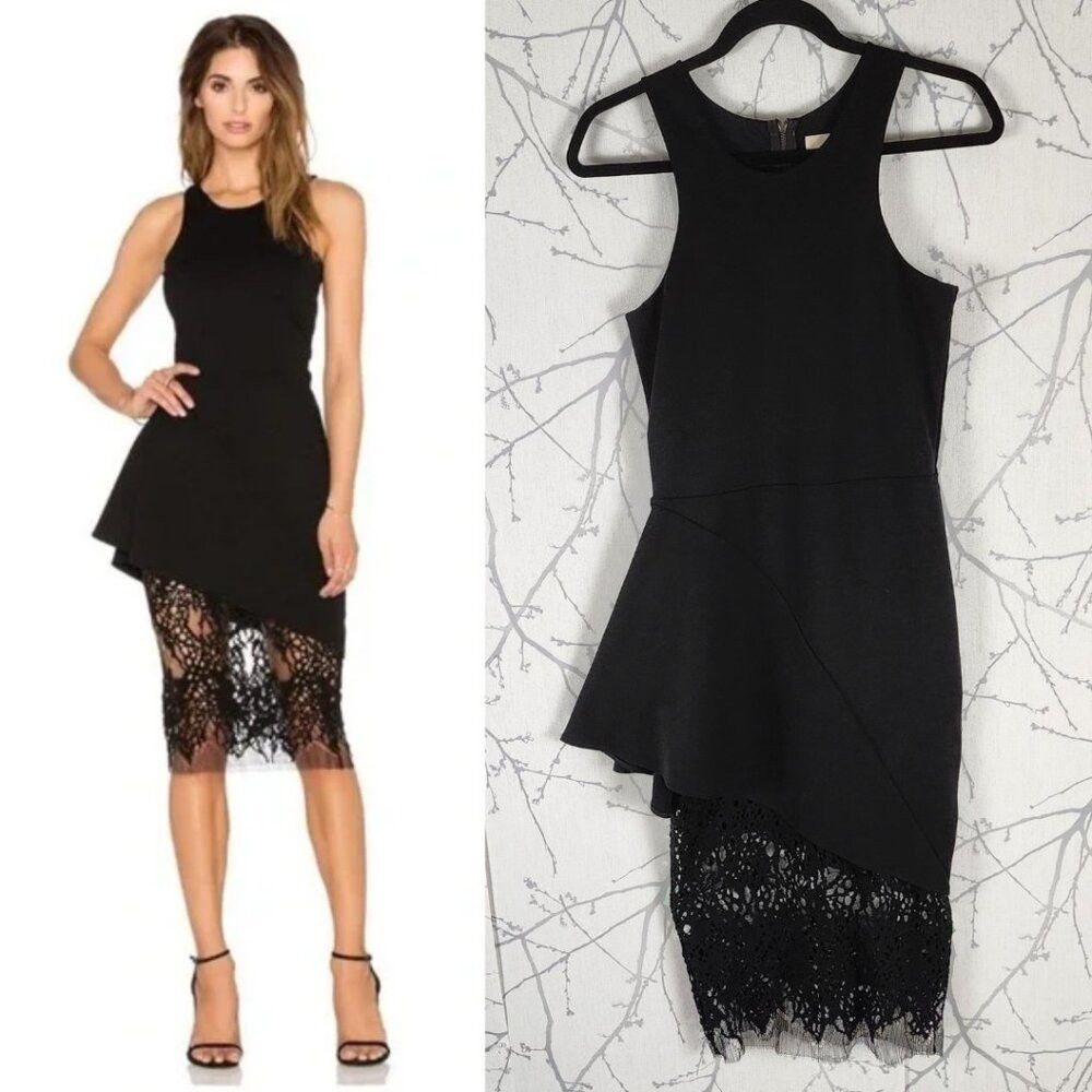 Other Michelle Mason Black Stretch Knit Asymmetrical Lace Hem Dre Size S / US 4 / IT 40 - 1 Thumbnail