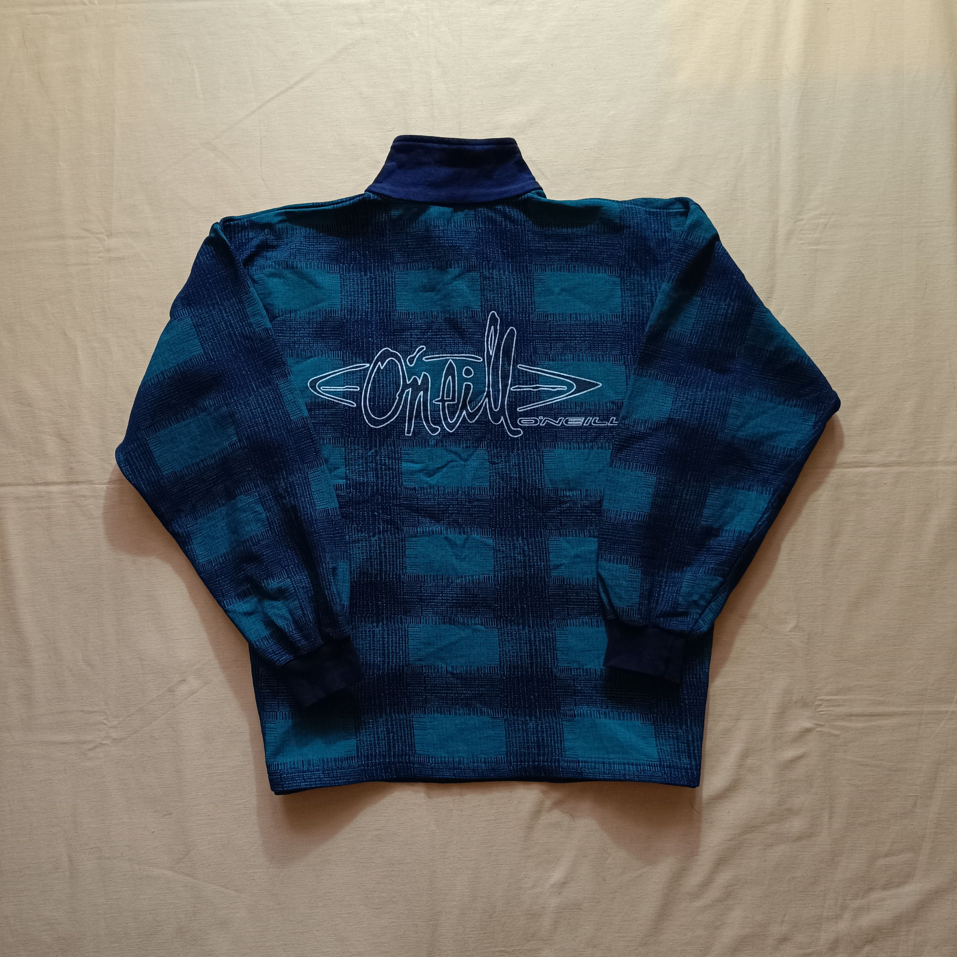 O'Neill Vintage 80s 90s O'neill Plaid Quarterzip Petrol Blue XL Size US XL / EU 56 / 4 - 1 Thumbnail