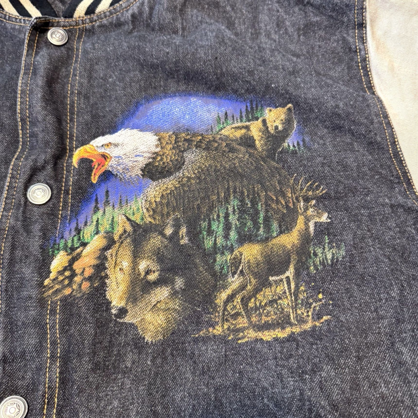 Vintage VINTAGE VTG Wildlife Jon Lauren Apparel Denim Varsity Bomber Jacket Men’s XL Wolf Buck Size US L / EU 52-54 / 3 - 6 Thumbnail
