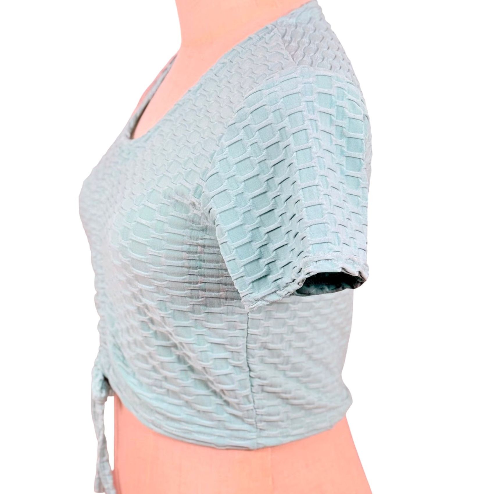 Vintage Honeycomb Bubble Knit Crop Top S/M Texture Ruched Y2K Fairycore Pastel Blue Cotton Blend Slim V-Neck Short Sleeve Cropped Tank Casual Women's Shirt Size S / US 4 / IT 40 - 2 Thumbnail