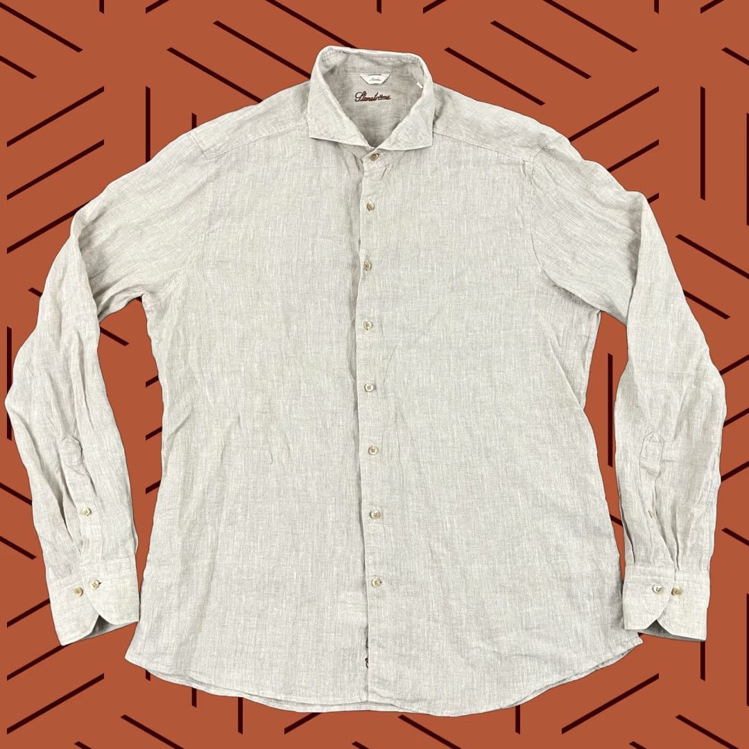 Stenstroms Slimline Shirt Men XL 100% Linen Preppy Quiet Luxury Summer Brown Solid Button-Up Long Sleeve Regular Fit