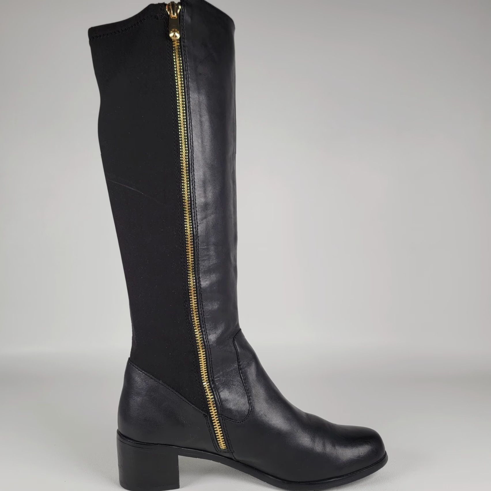 Vintage Tahari Kyle Black Leather Knee-High Boots 8M Zipper Stretch Leather Block Heel Riding Boot Women Footwear Casual Workwear City Tall Size US 8 / IT 38 - 6 Thumbnail