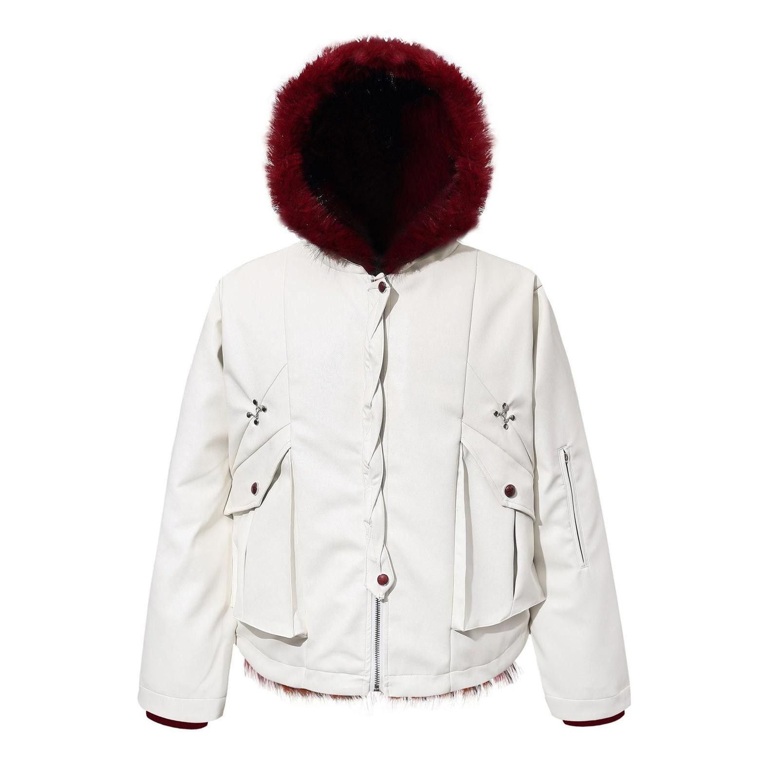Japanese Brand Black Faux Leather Hooded Jacket with Burgundy Fur Trim Size US M / EU 48-50 / 2 - 6 Thumbnail