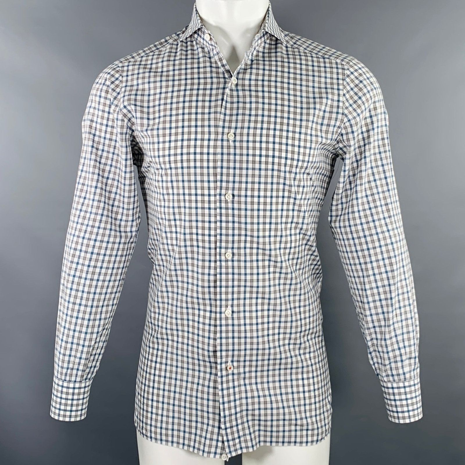 Isaia White Green Plaid Cotton Spread Collar Long Sleeve Shirt Size US M / EU 48-50 / 2 - 1 Thumbnail