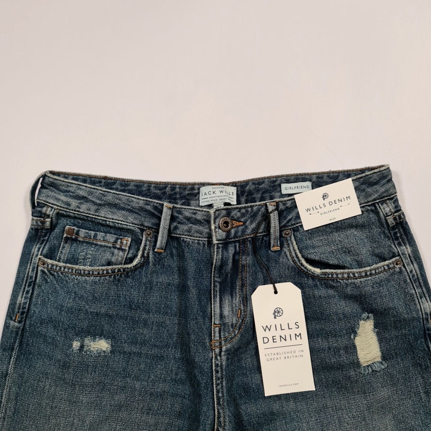 Jack Wills Jack Wills Jeans Blue W29 Girlfriend Tapered Denim Distressed 5-Pocket Womens Regular Large Size 29" - 2 Thumbnail