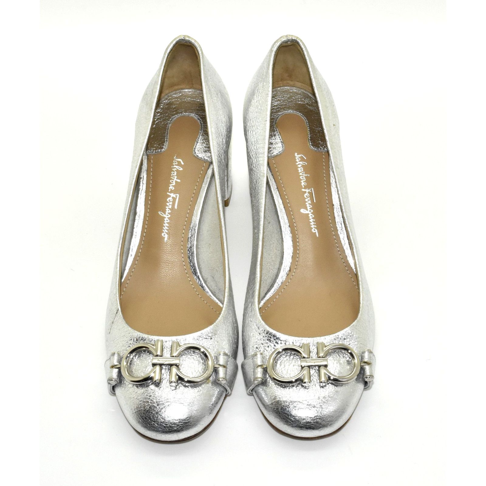 Salvatore Ferragamo SALVATORE FERRAGAMO Silver Tumble Leather Pumps Size 4C Size US 4 / IT 34 - 4 Thumbnail