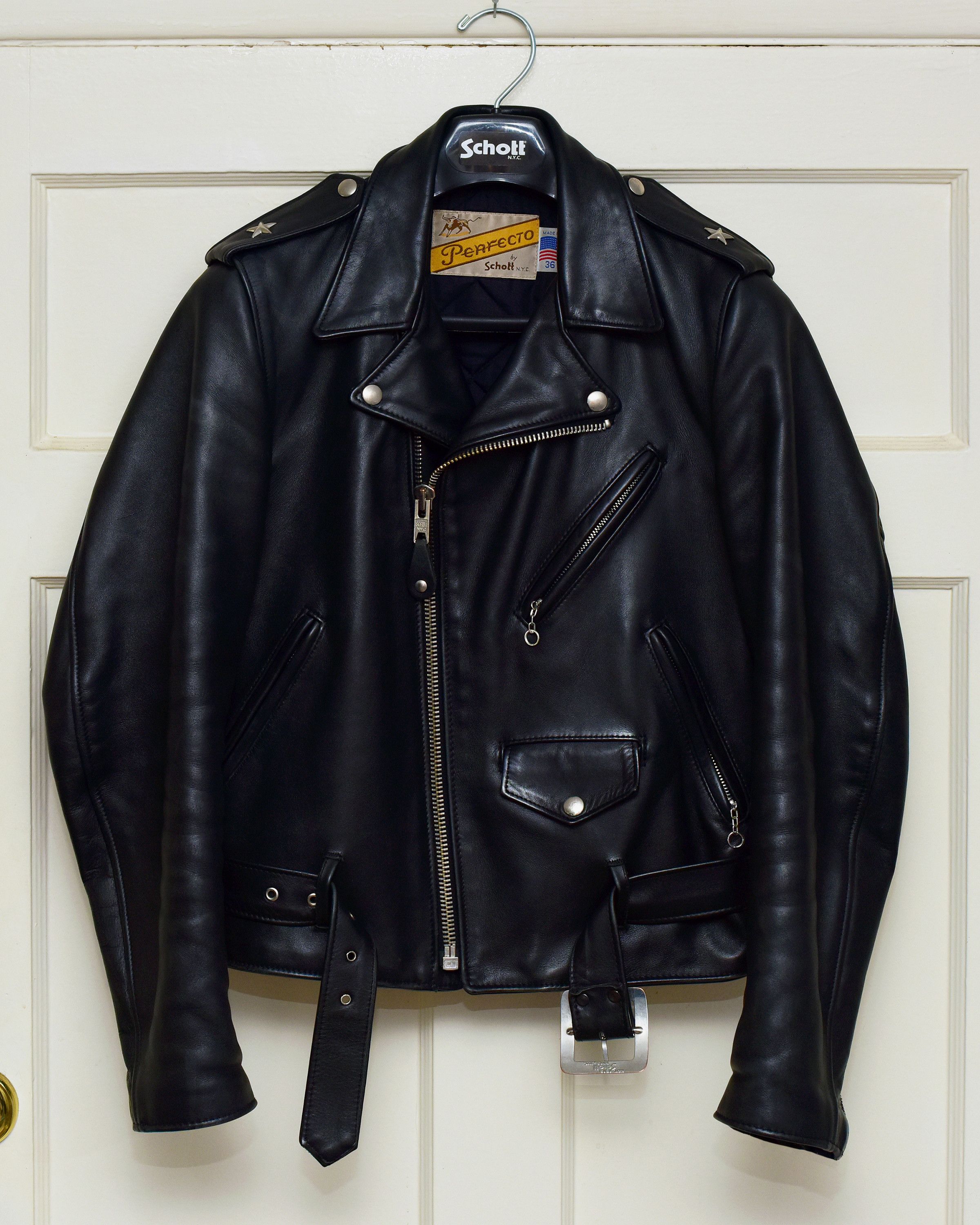image of Schott 613 One Star Perfecto Leather Jacket in Black, Men's (Size Small)