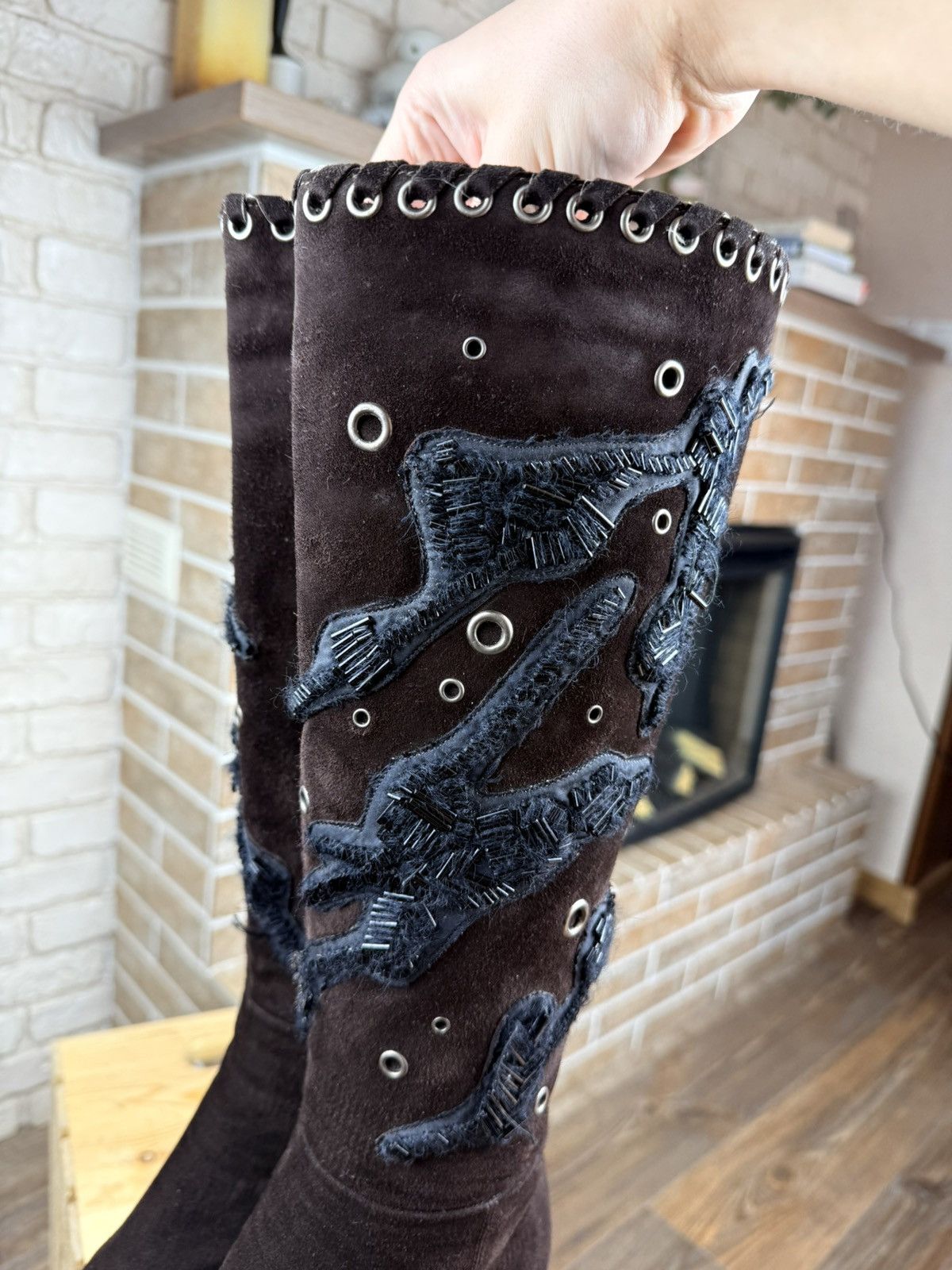 Prada × Vintage Prada Brown Suede Beads Knee High Heels Boots Size US 9 / IT 39 - 9 Thumbnail