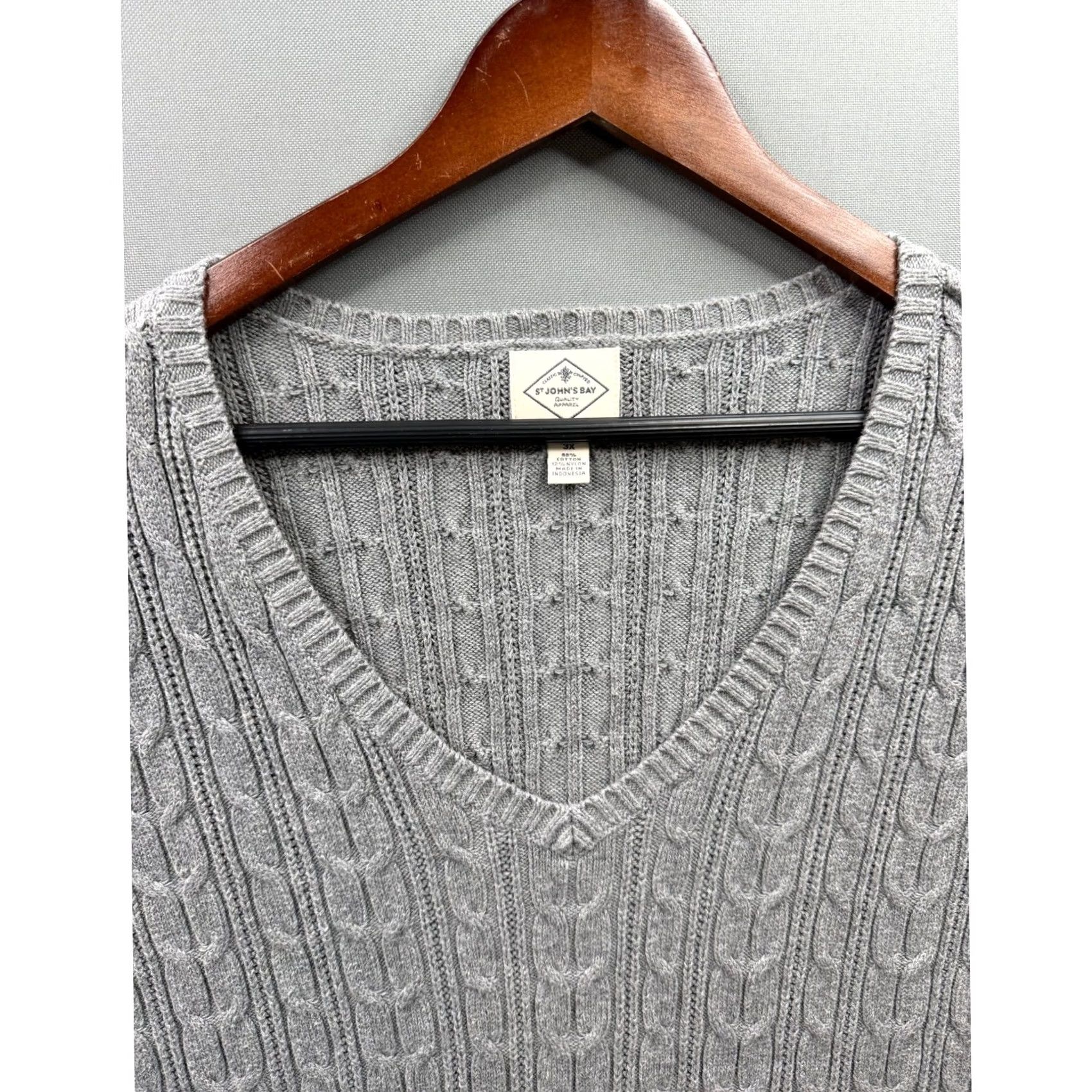 Vintage St. John's Bay Sweater Womens Gray Cable Knit V-Neck Pullover 3X Size XXL / US 16-18 / IT 52-54 - 3 Thumbnail