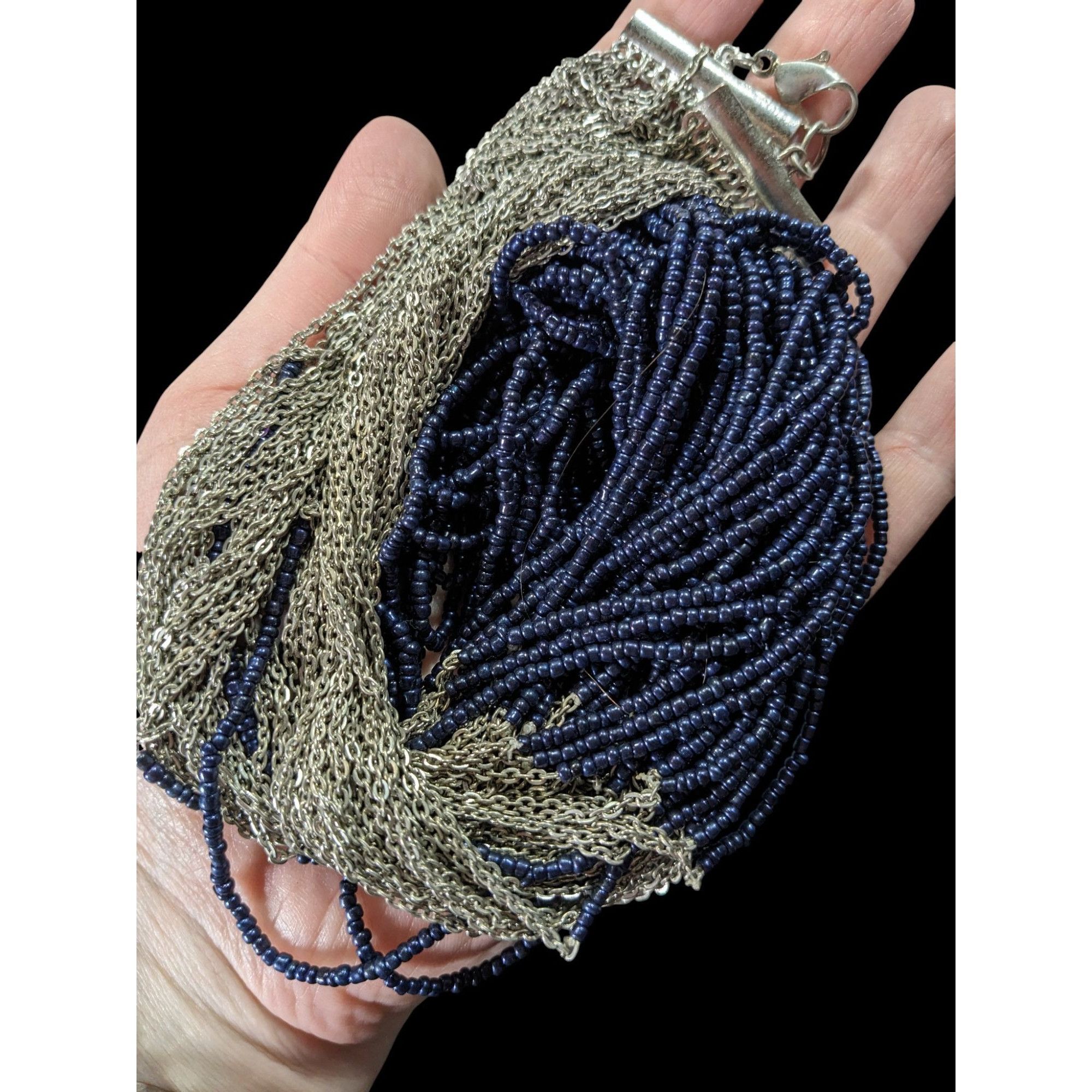 Other Elegant Multi-Strand Navy Bead & Silver Chain Statement Neck Size ONE SIZE - 3 Thumbnail