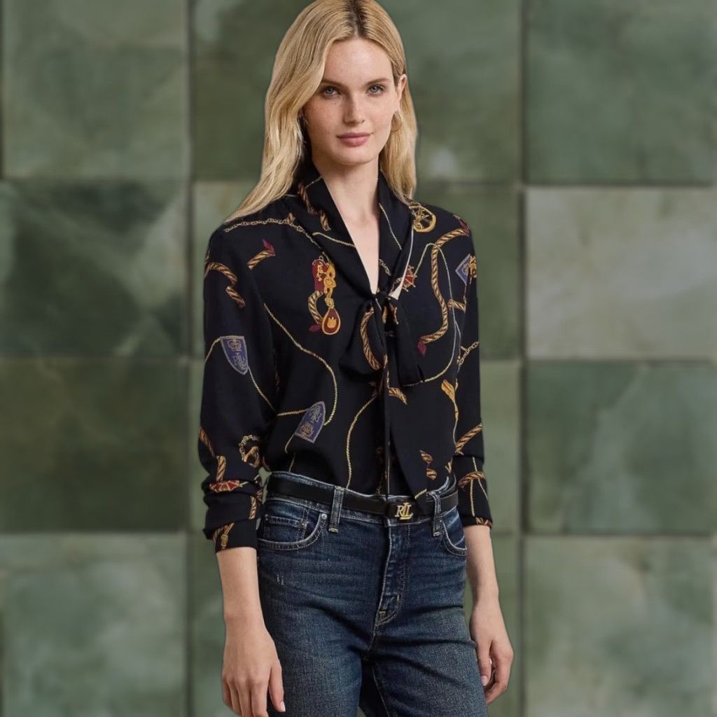 Ralph Lauren Lauren Ralph Lauren Black Label Belting-Print Georgette Tie-Neck Blouse XS Multicolor NWT Size XS / US 0-2 / IT 36-38 - 1 Thumbnail