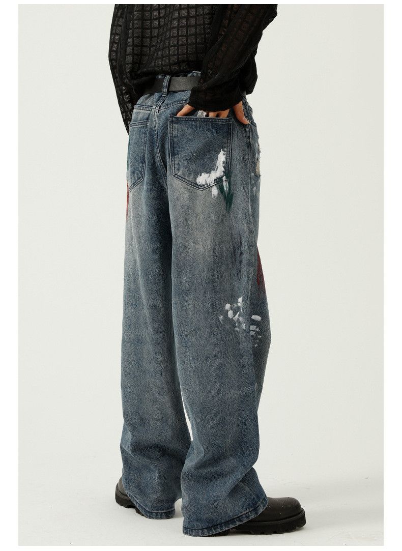 Japanese Brand Japanese retro splatter paint wide-leg ripped jeans Size US 32 / EU 48 - 3 Thumbnail