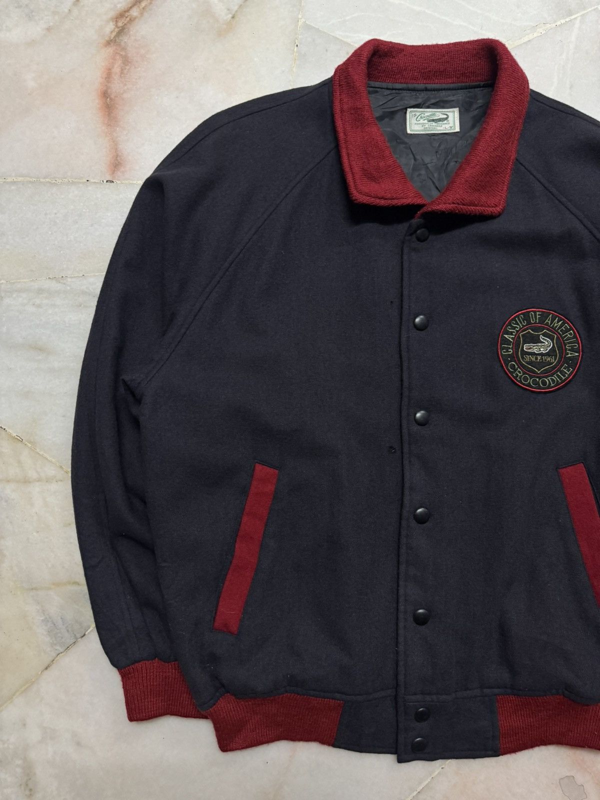 Japanese Brand VINTAGE 1990s CROCODILE NAVY BLUE VARSITY WOOL JACKET Size US L / EU 52-54 / 3 - 4 Thumbnail