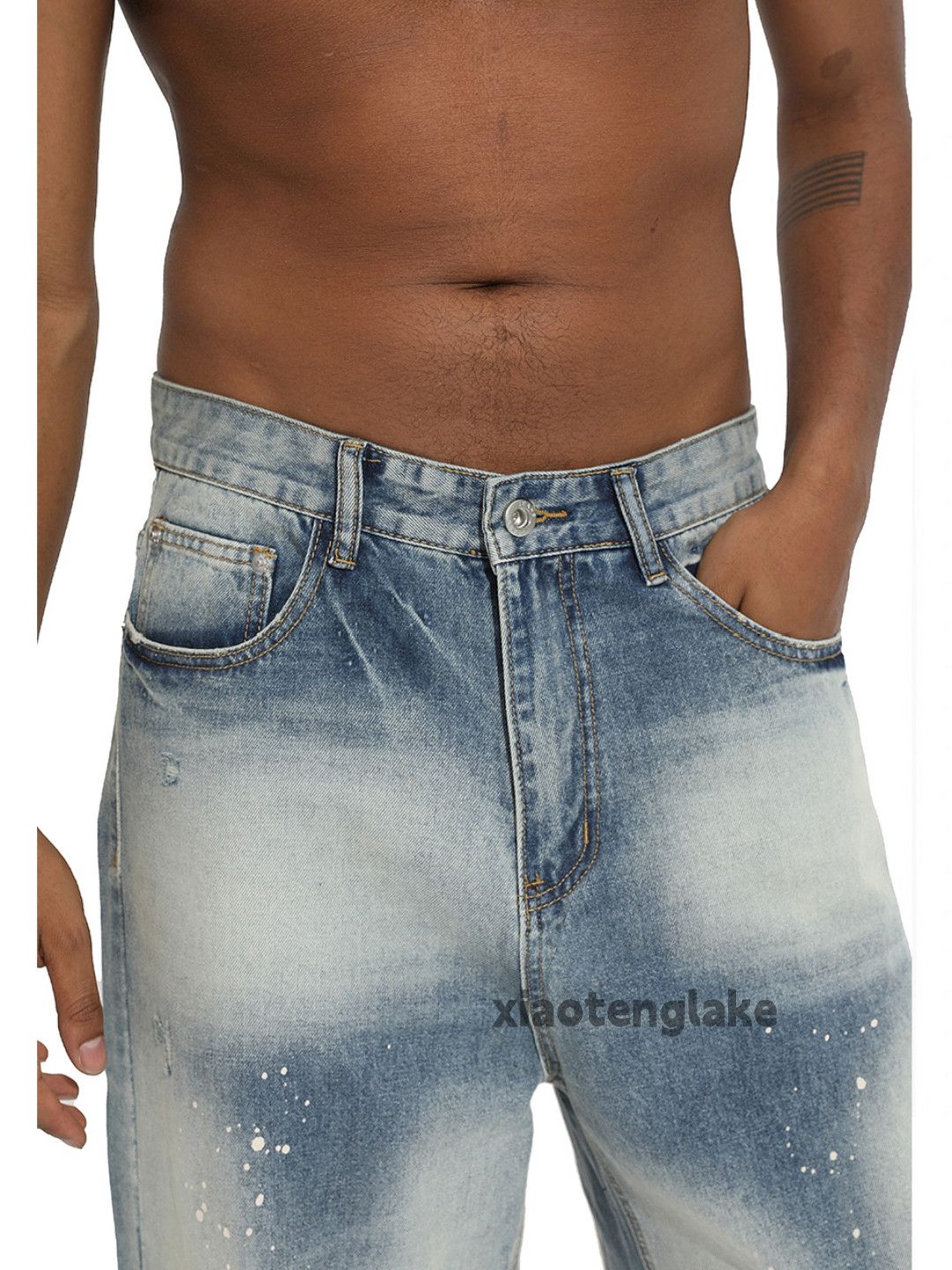Jean Unisex washed faded punk grunge baggy stain jeans Size US 32 / EU 48 - 2 Thumbnail