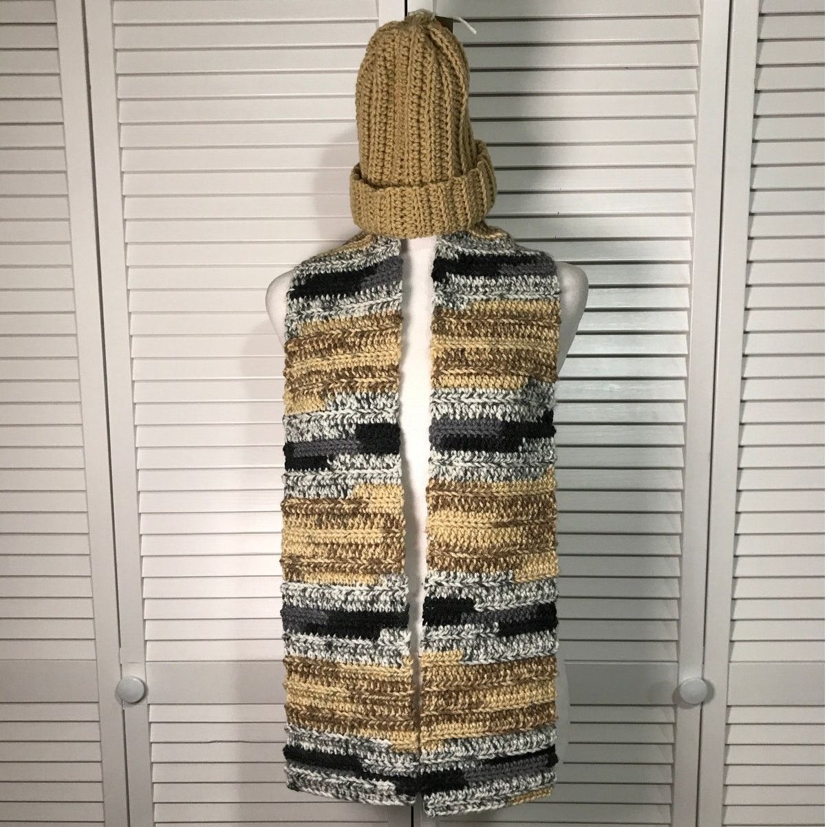 Handmade NWT Handmade Crocheted Tan Multicolor Beanie & Scarf 58” Size ONE SIZE - 1 Thumbnail