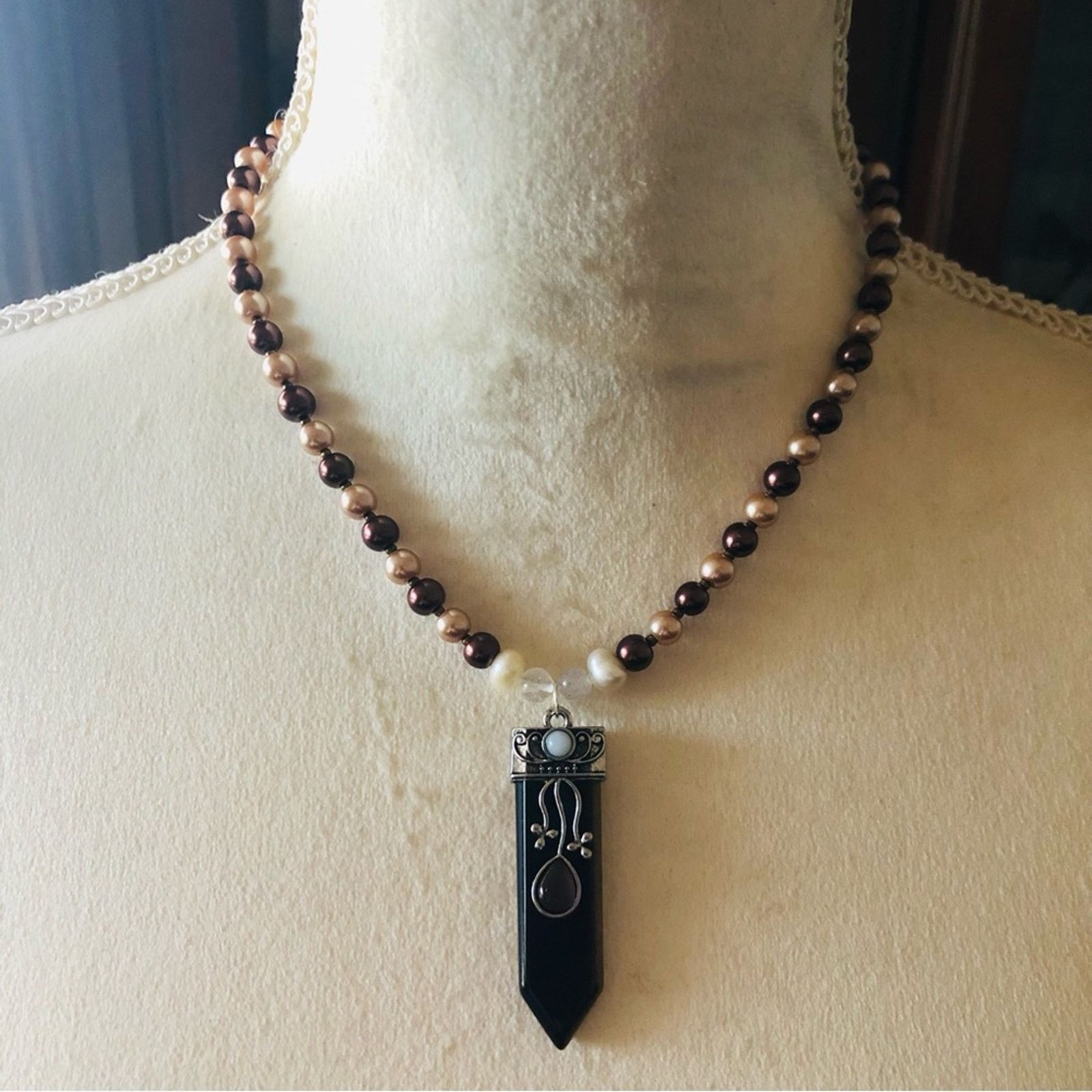 Handmade Handcrafted repurpose Tiger eye stone Pearl necklace Size ONE SIZE - 2 Thumbnail