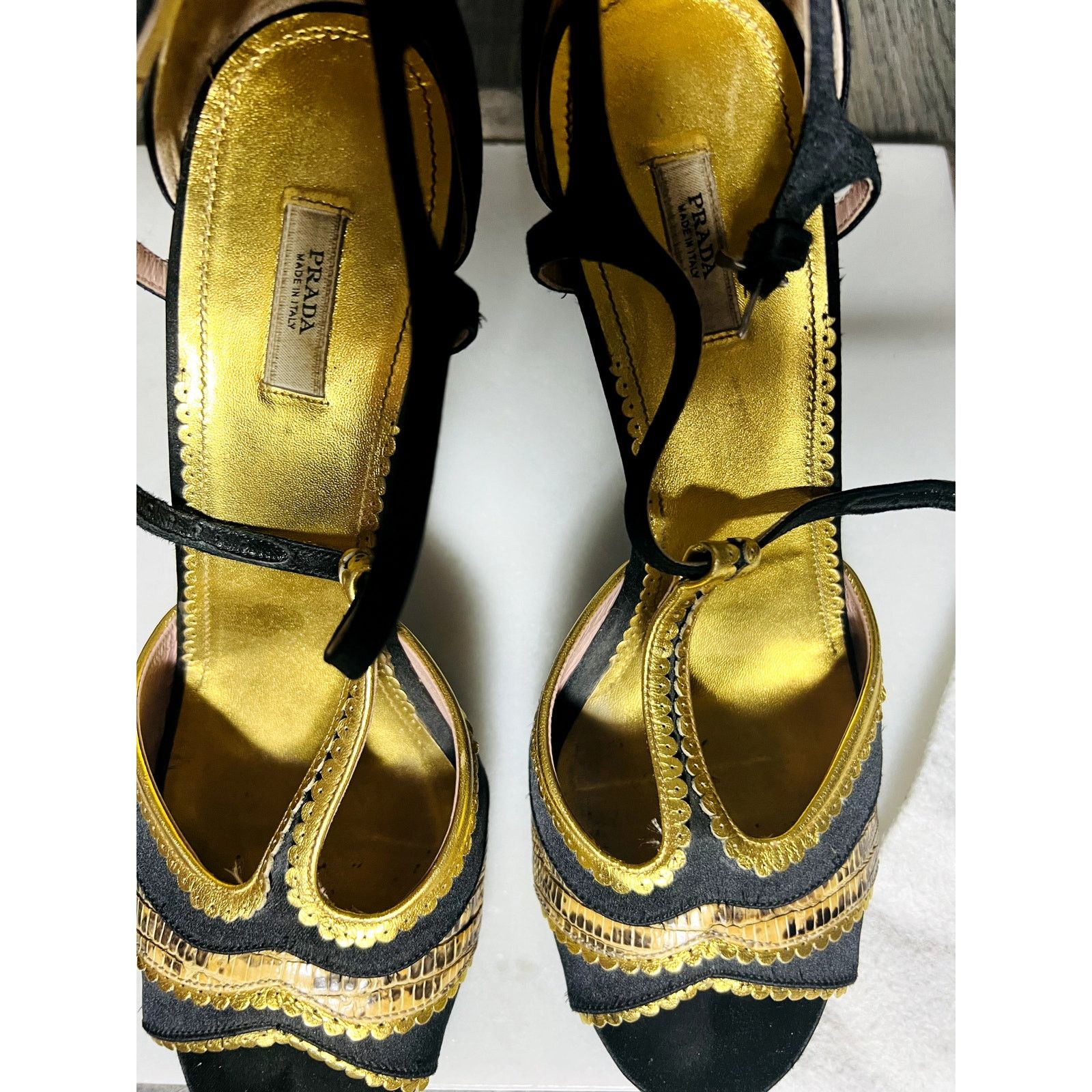 Prada Prada Sandals black satin gold python heels 40.5 10.5 Size US 10.5 / IT 40.5 - 8 Thumbnail