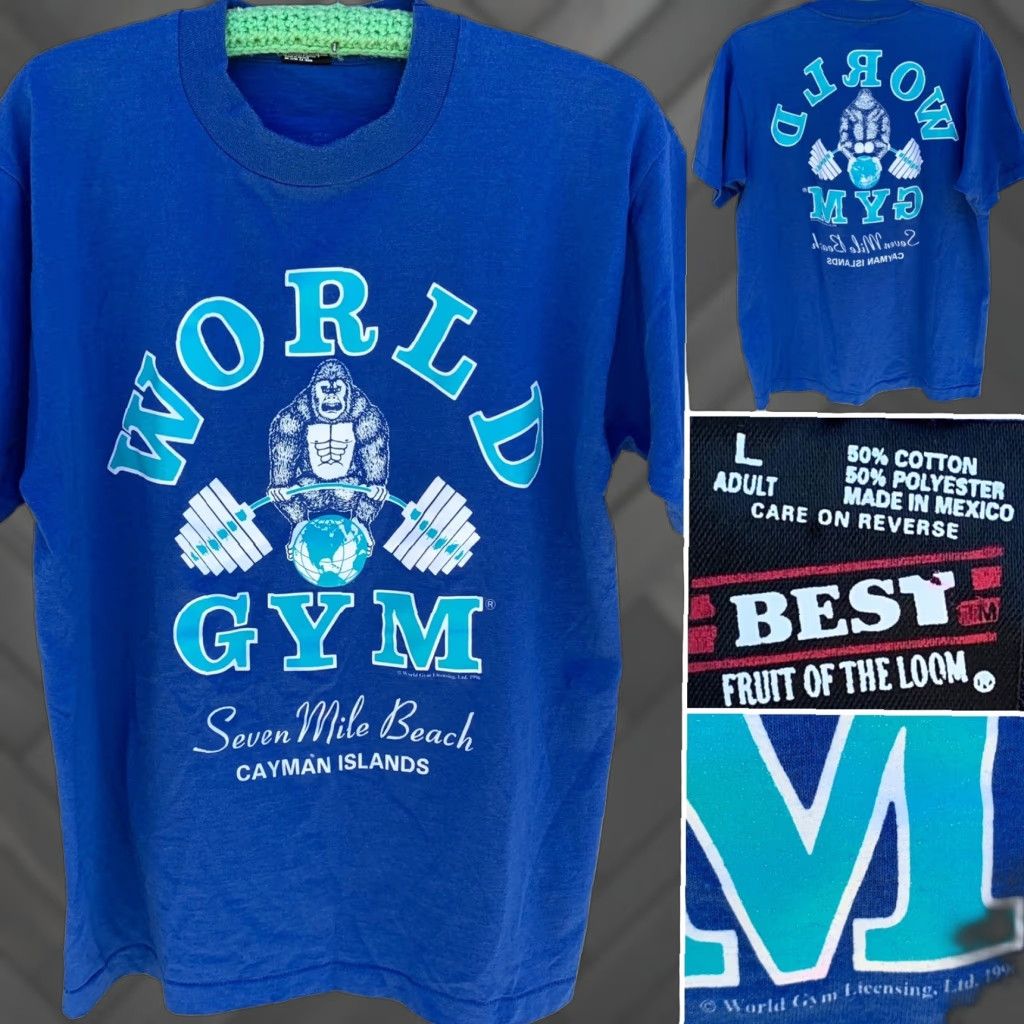 Fruit Of The Loom VINTAGE World Gym Cayman Islands Seven Mile Beach T Shirt Frt Back Graphics Sz L Mens Graphic Print 90s Beach Gym Size US L / EU 52-54 / 3 - 1 Thumbnail