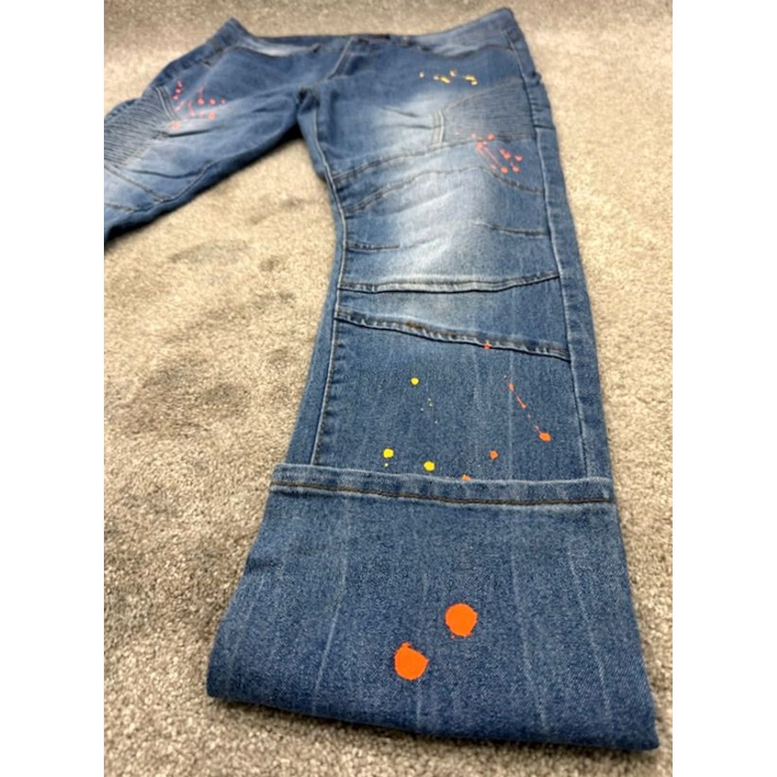 Vintage M Society Jeans Mens 36x32 Blue Denim Distressed Skinny Paint Splatter Ribbed Jeans Size US 36 / EU 52 - 3 Thumbnail