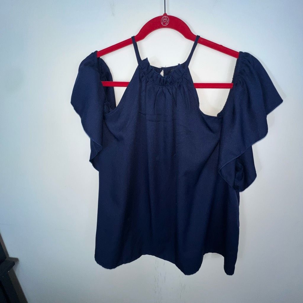 Shein SHEIN Navy Cold Shoulder Button Neck Blouse Size 4XL / US 24-26 - 2 Thumbnail