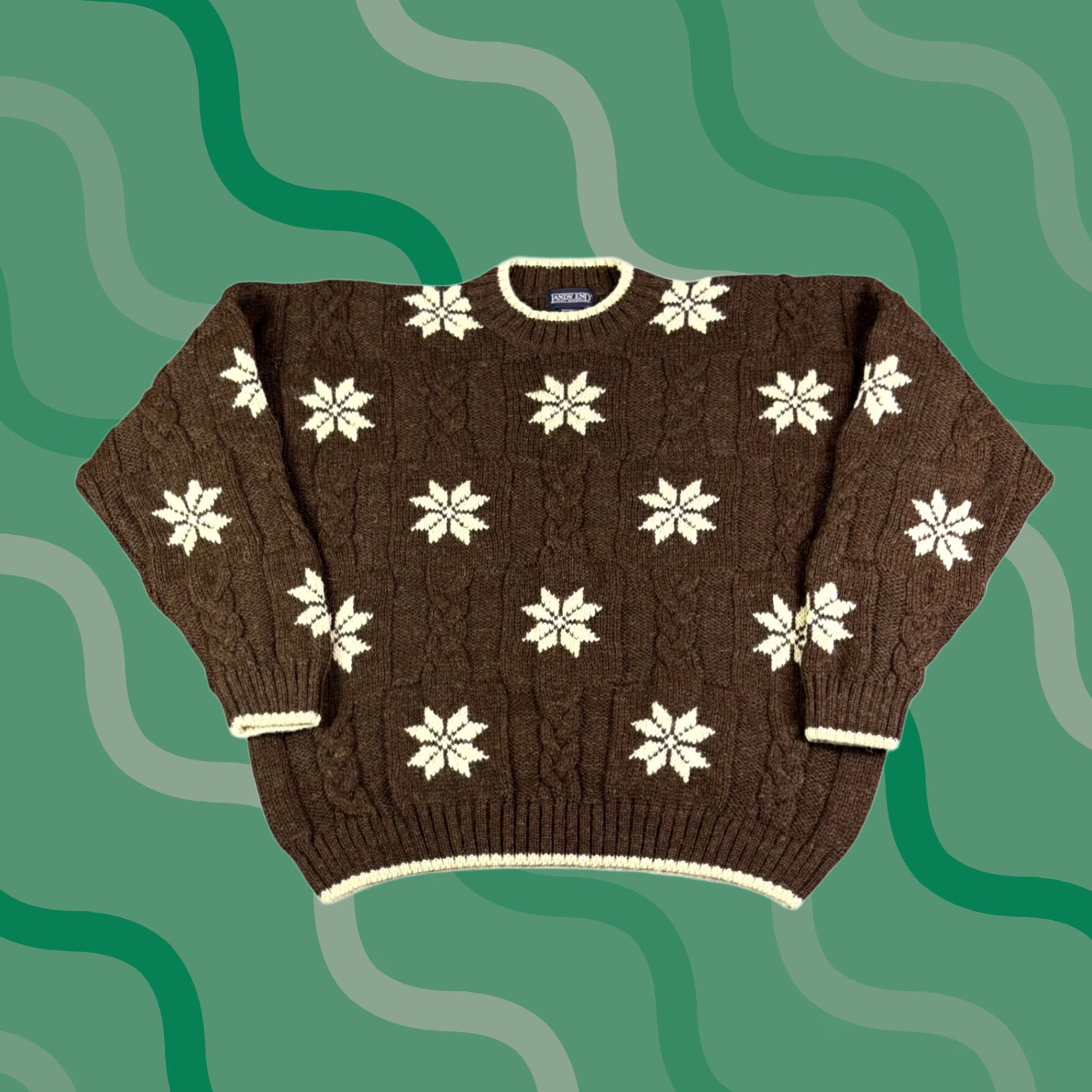 Lands' End VINTAGE Lands' End Wool Snowflake Sweater Womens XL Brown Cable Knit Geometric Crew Neck Pullover Long Sleeve Winter Fall Size XL / US 12-14 / IT 48-50 - 1 Thumbnail