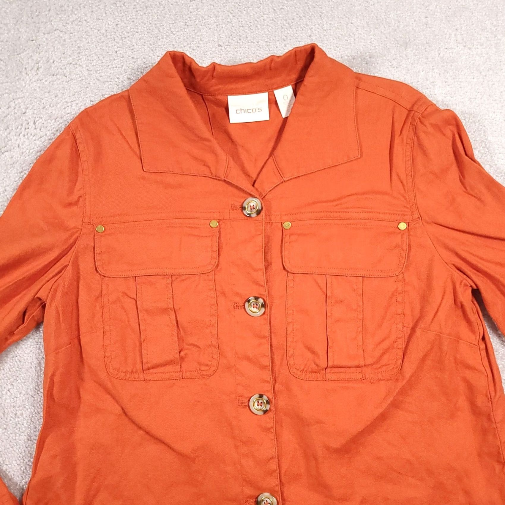 Vintage Chicos Jacket Women's Size S Orange Linen Button Front Collared Basic Jacket Mid-Length Casual Travel Fall Winter Spring Summer Size S / US 4 / IT 40 - 3 Thumbnail