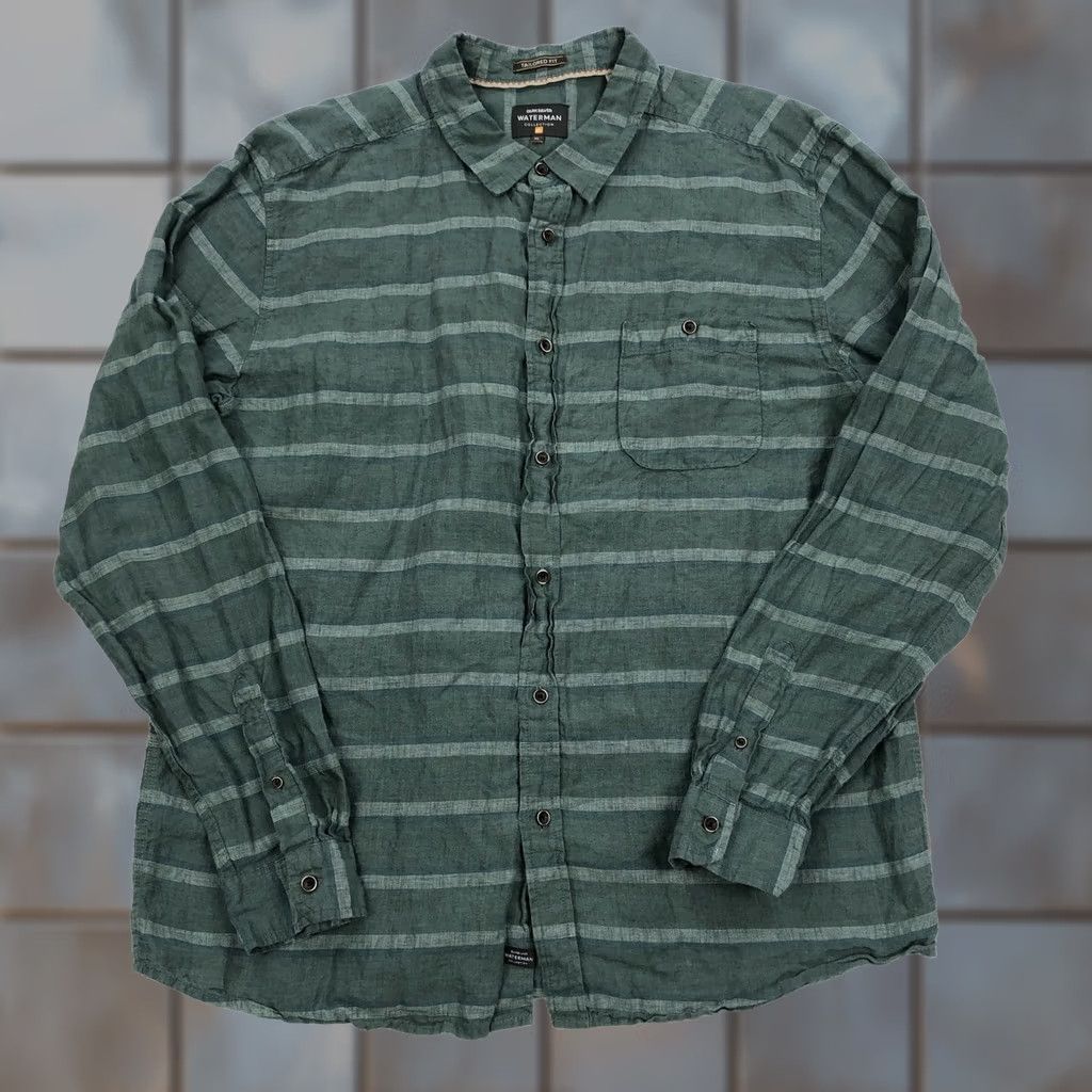 Quiksilver Quiksilver Waterman Collection Men's XL Green Stripe Tailored Fit Linen Coastal Shirt Times 3 Button Pocket Beach Outdoor Modern Size US XL / EU 56 / 4 - 1 Thumbnail