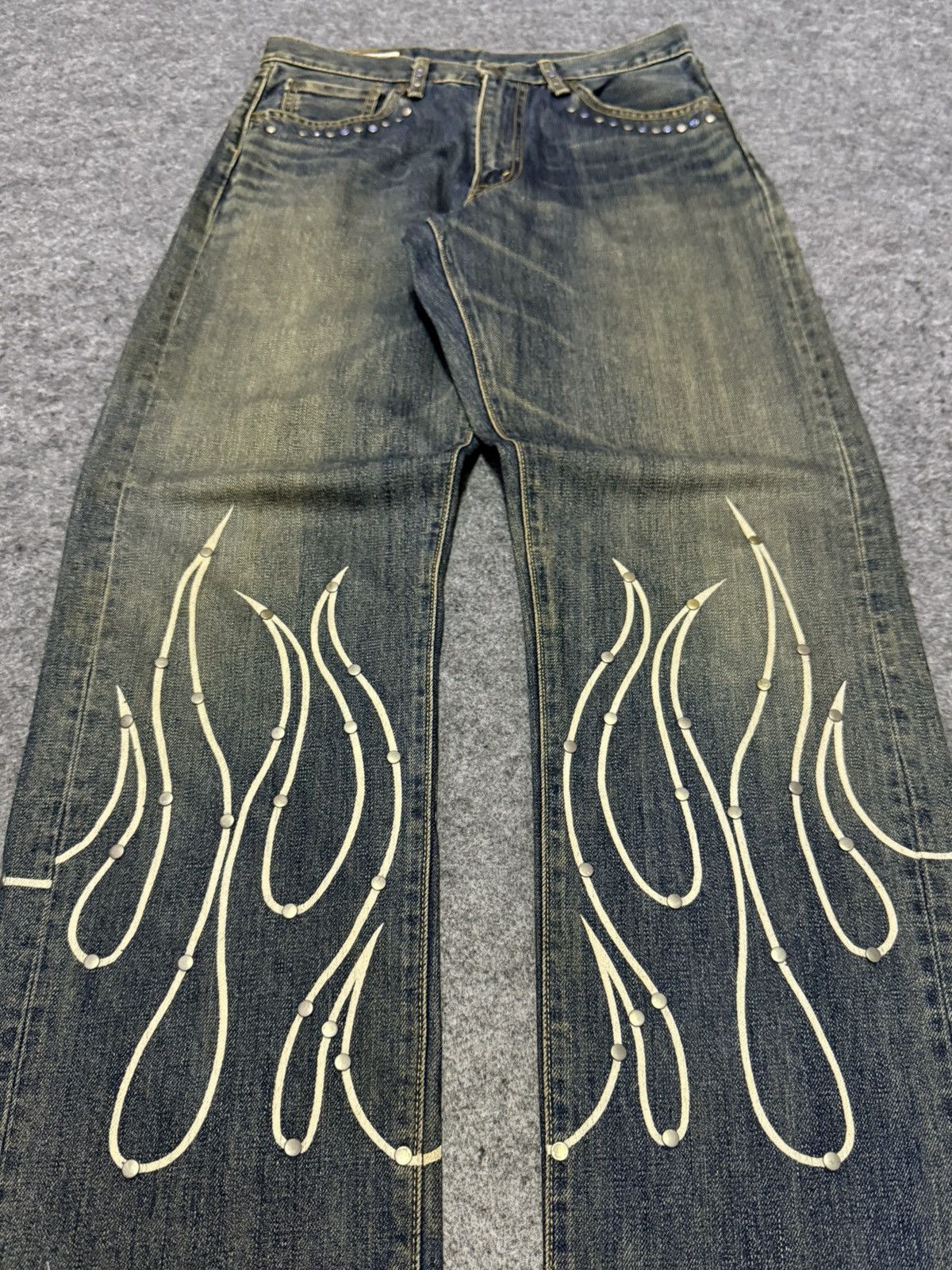Big John × Edwin × Japanese Brand 90s Big John Studded Gemstone Tribal Flame Mud Wash Jeans Size US 30 / EU 46 - 11 Thumbnail