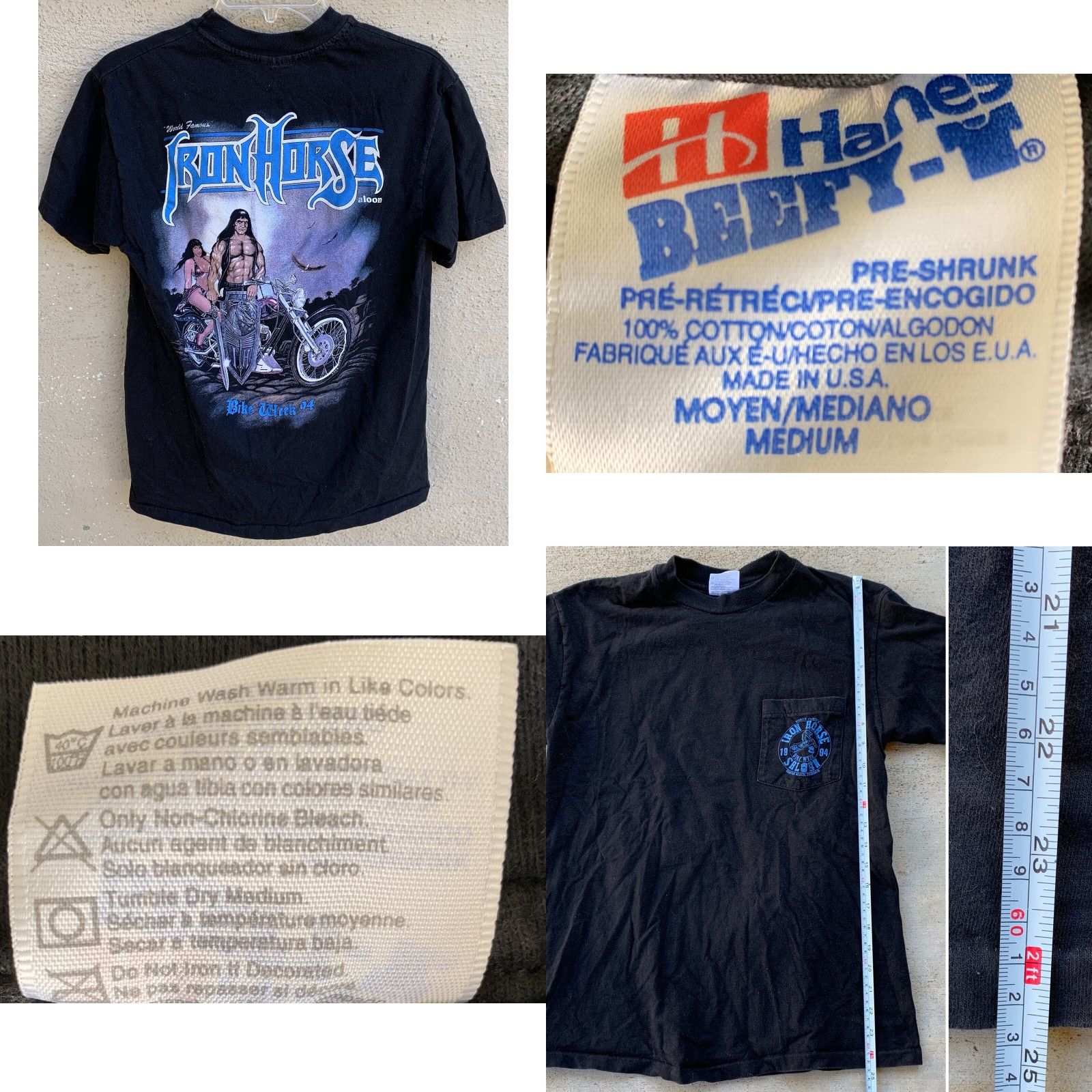 Hanes VINTAGE Iron Horse Saloon Bike Week 94 Pocket Tee T-Shirt 90s 1990s M Black Men Hanes Short Sleeve 100% Cotton Graphic Tee Size US M / EU 48-50 / 2 - 8 Thumbnail