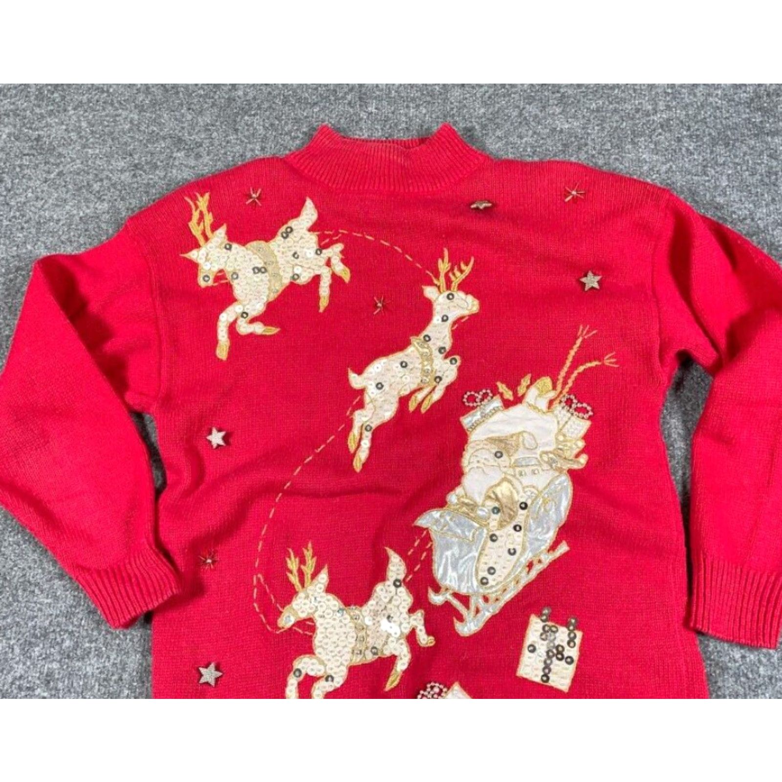 Vintage VINTAGE Christmas Sequined Reindeer Sweater Women's Medium Red Mock Neck Knit 90s Size M / US 6-8 / IT 42-44 - 8 Thumbnail