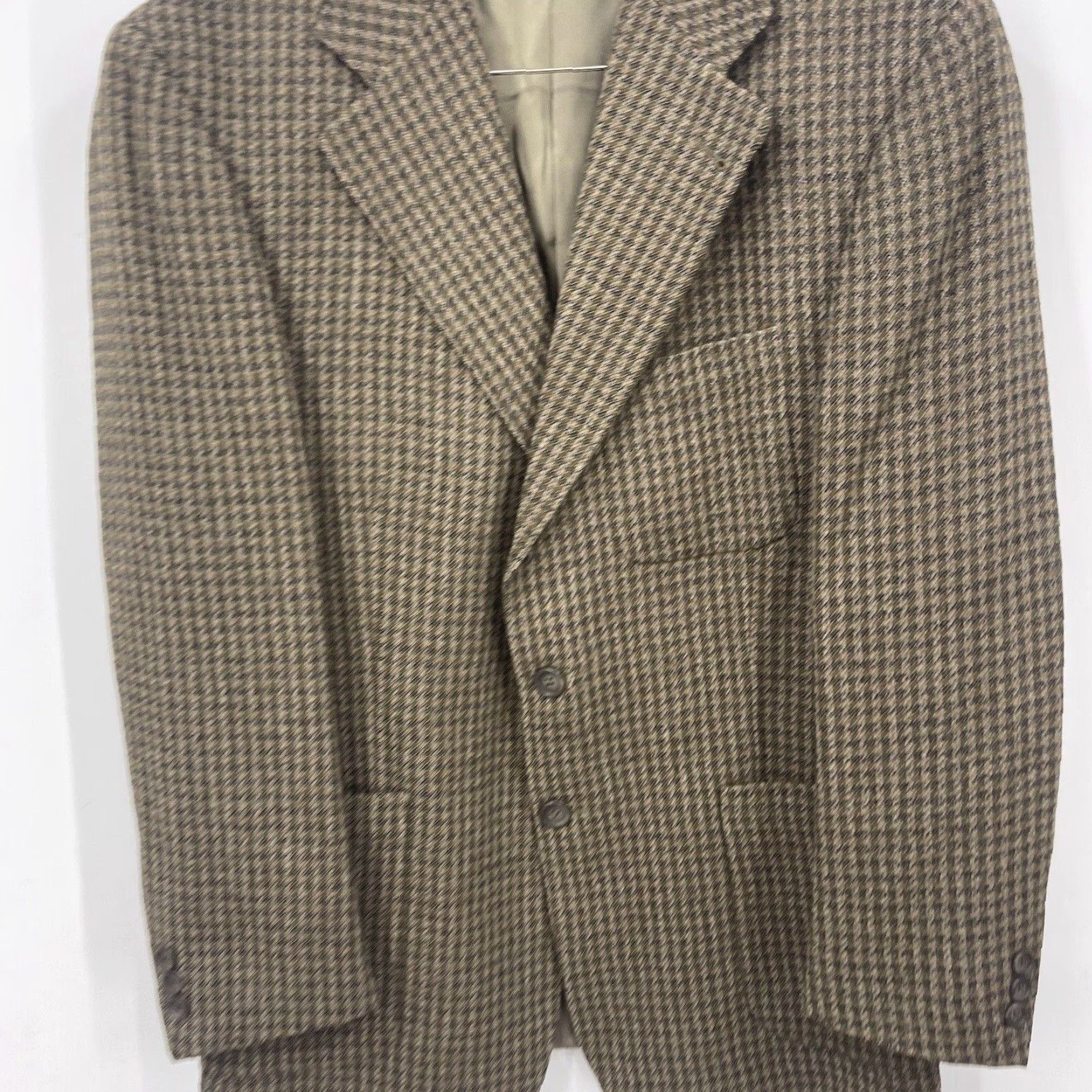 Nordstrom VINTAGE Mickey Spatz Men's Wool Blazer Jacket Single-Breasted 3-Button Houndstooth Beige Casual Business 1980s Mens Size 40R - 2 Thumbnail
