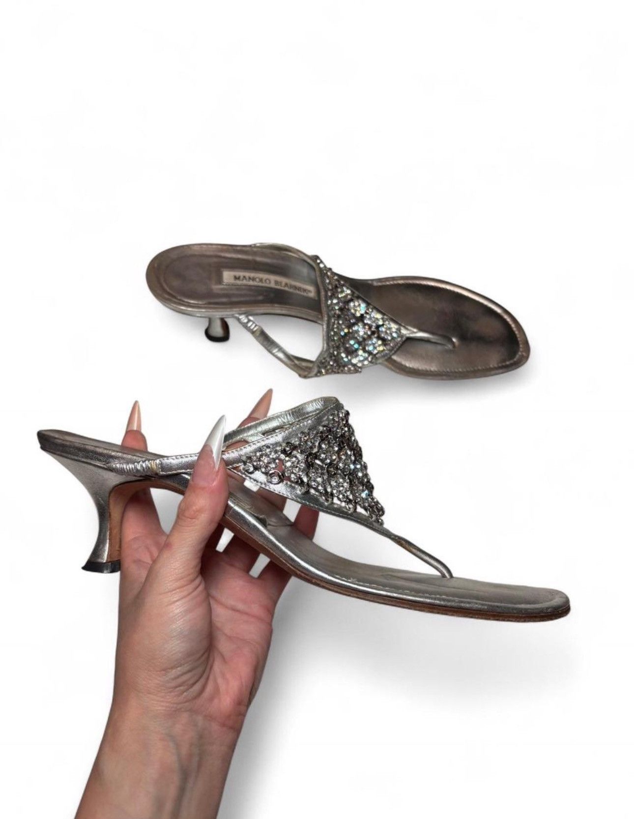 Manolo Blahnik Manolo Blahnik Leather Crystal Embellished Thong Kitten Heel Size US 8 / IT 38 - 3 Thumbnail