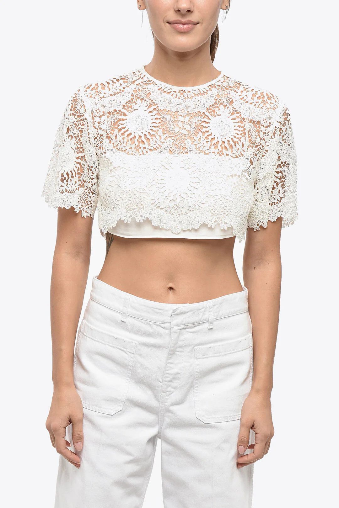 Dior o1mm0326 Cotton-Blend Short-Sleeve Macramé Crop Top in White Size M / US 6-8 / IT 42-44 - 1 Thumbnail