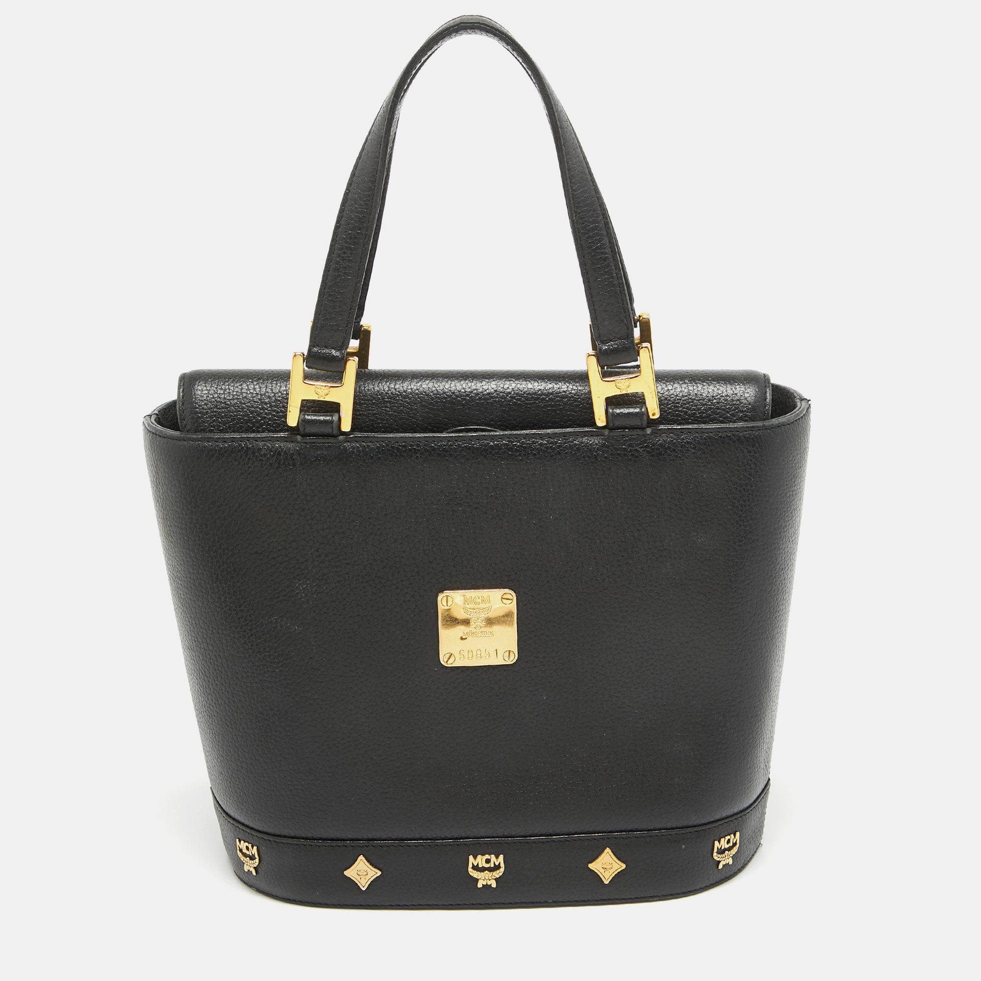 image of MCM Black Leather Flap Studded Bucket Tote, Women's