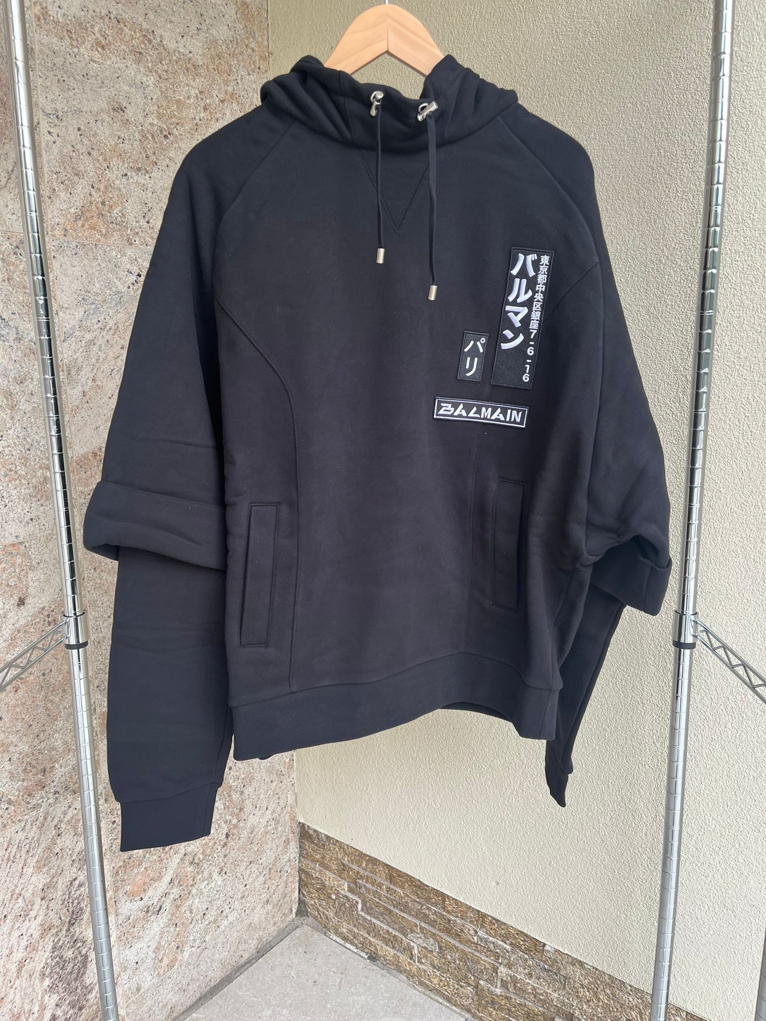 image of Balmain Layered Sleeve Tokyo Embroidered Logo Hoodie In Black, Men's (Size Medium)