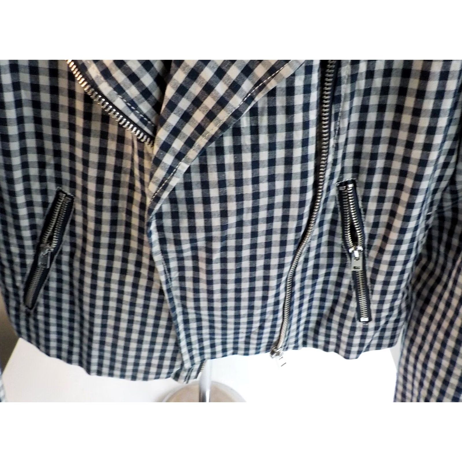 J.Crew J CREW Check Moto Style Jacket Asymmetrical Zip Blue/Ivory Cotton Blend SZ 4 Jacket Women Short 4 Blue Ivory Check Zippered Pockets Great Condition Size S / US 4 / IT 40 - 3 Thumbnail