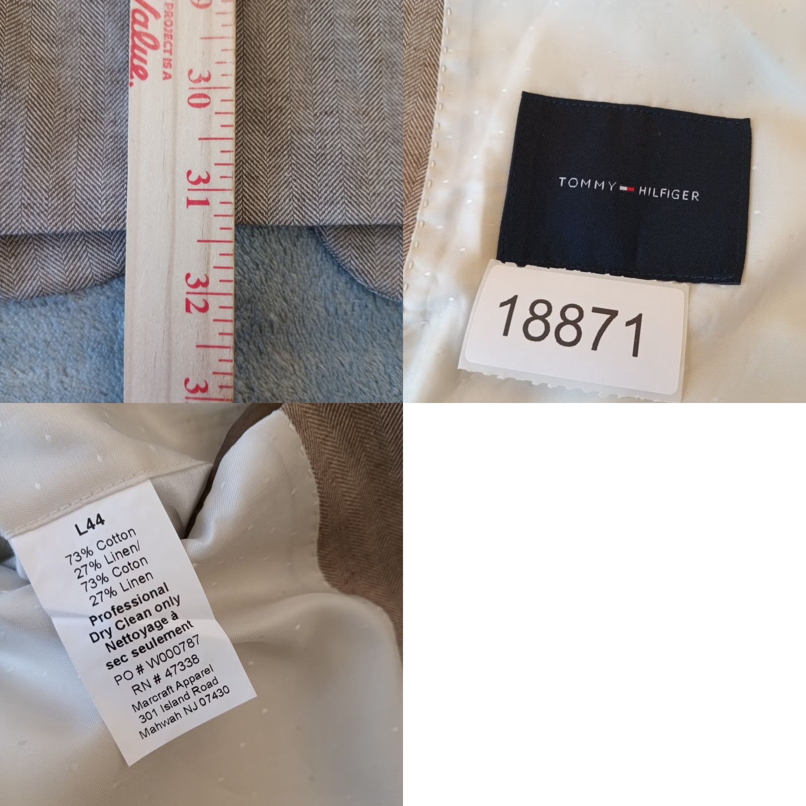 Tommy Hilfiger Tommy Hilfiger Blazer Mens 44 Long Beige Herringbone Two-Button Double-Vented Notch Lapel Long Jacket Coat Size 44R - 8 Thumbnail