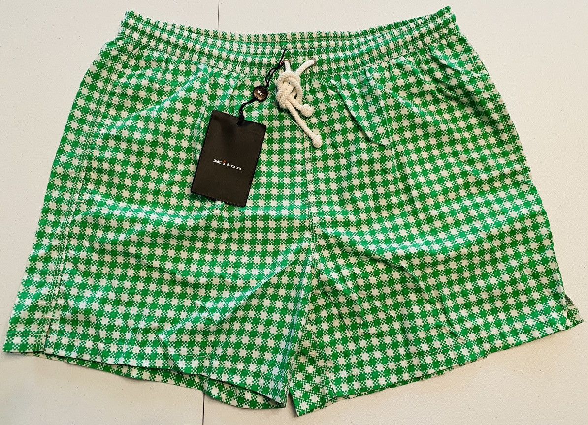Kiton Kiton 🇮🇹 Green Gingham Check Logo Resort Swim Shorts Lg NWT Size US 36 / EU 52 - 1 Thumbnail